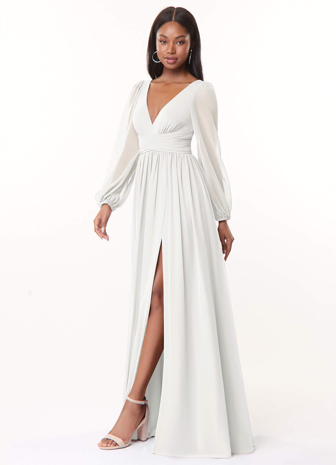 Azazie Norah Vestidos de madrinha de casamento Vestido Branco de Chiffon de Linha A com Manga comprida image3