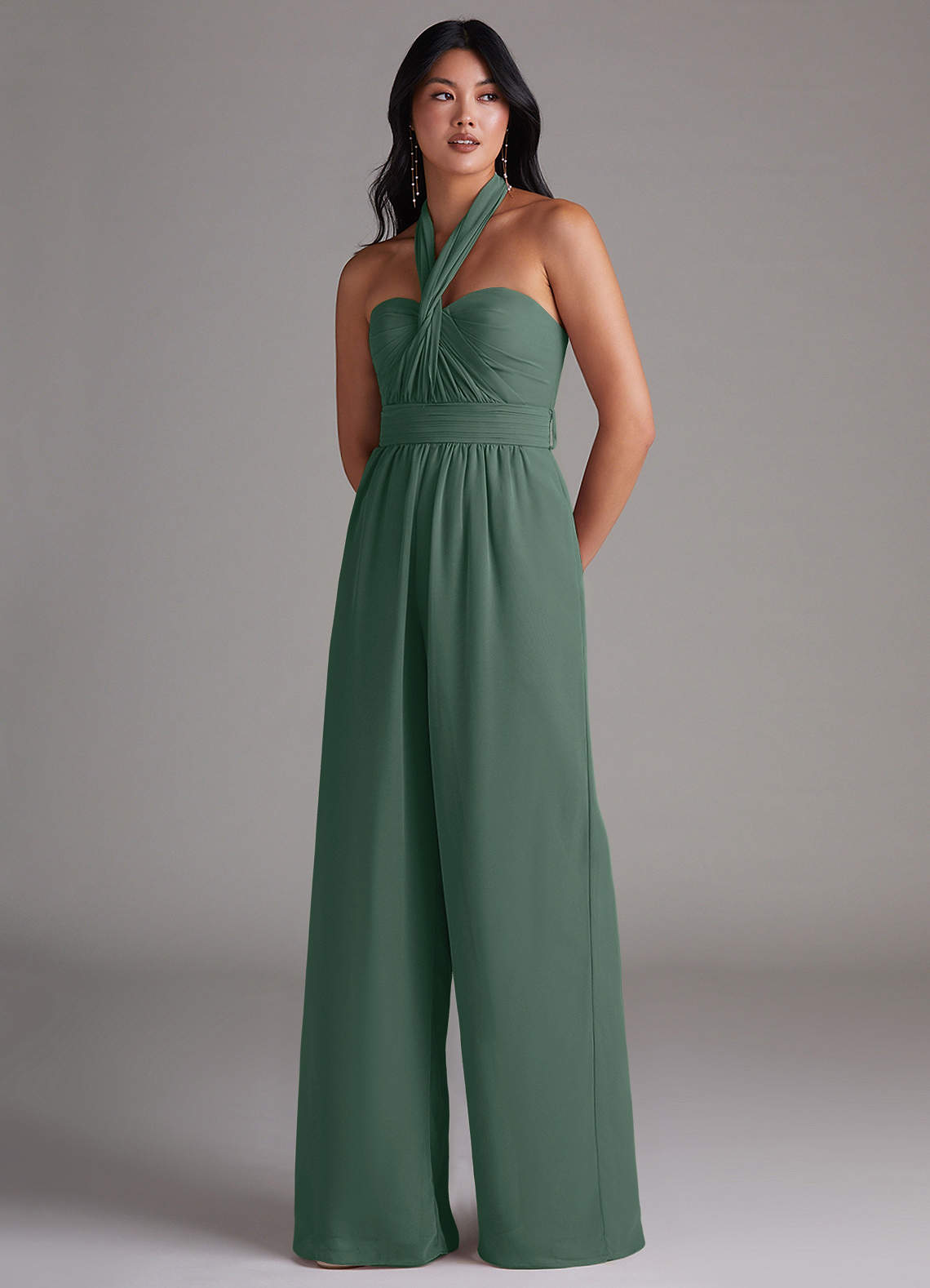 Azazie Lamara Essayer des robes à la maison Combinaison Convertible en Mousseline de soie Épaule décolletée Bleu Poussiéreux image7