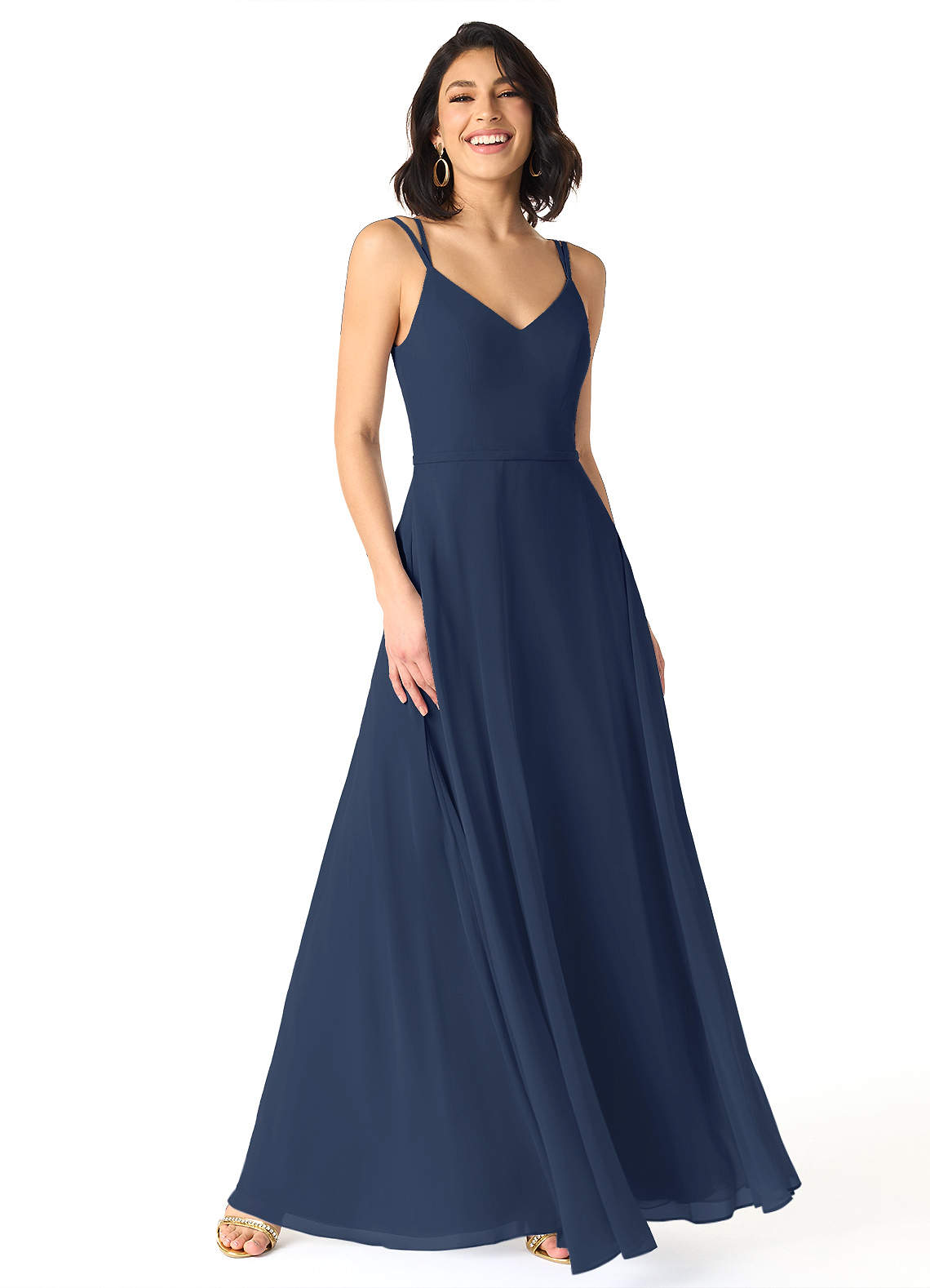 Azazie Janine Bridesmaid Dresses Dark Navy A-Line V-Neck Chiffon Dress image1