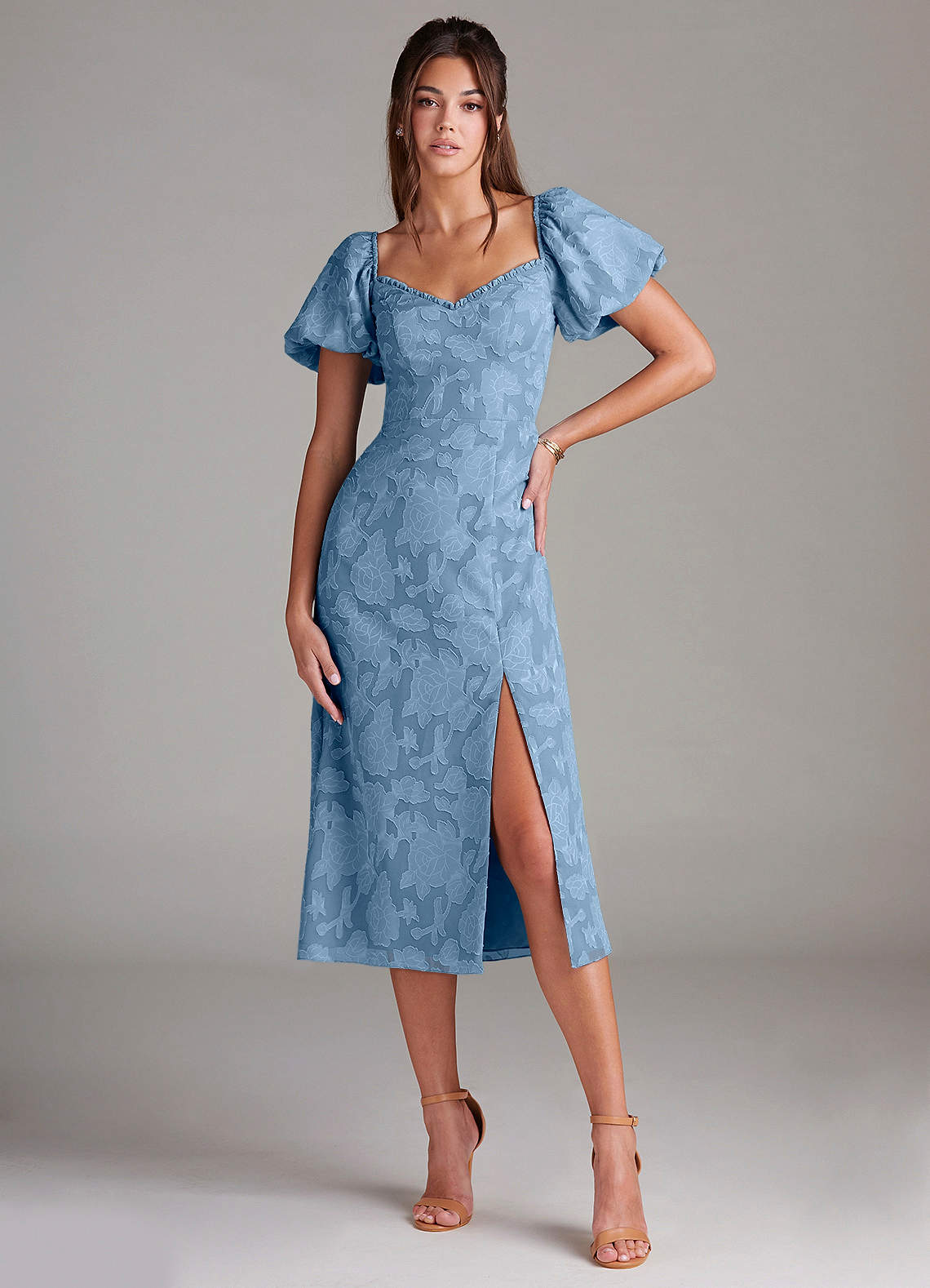 Azazie Evalina Bridesmaid Dresses Steel Blue Sheath Floral Burnout Dress image1