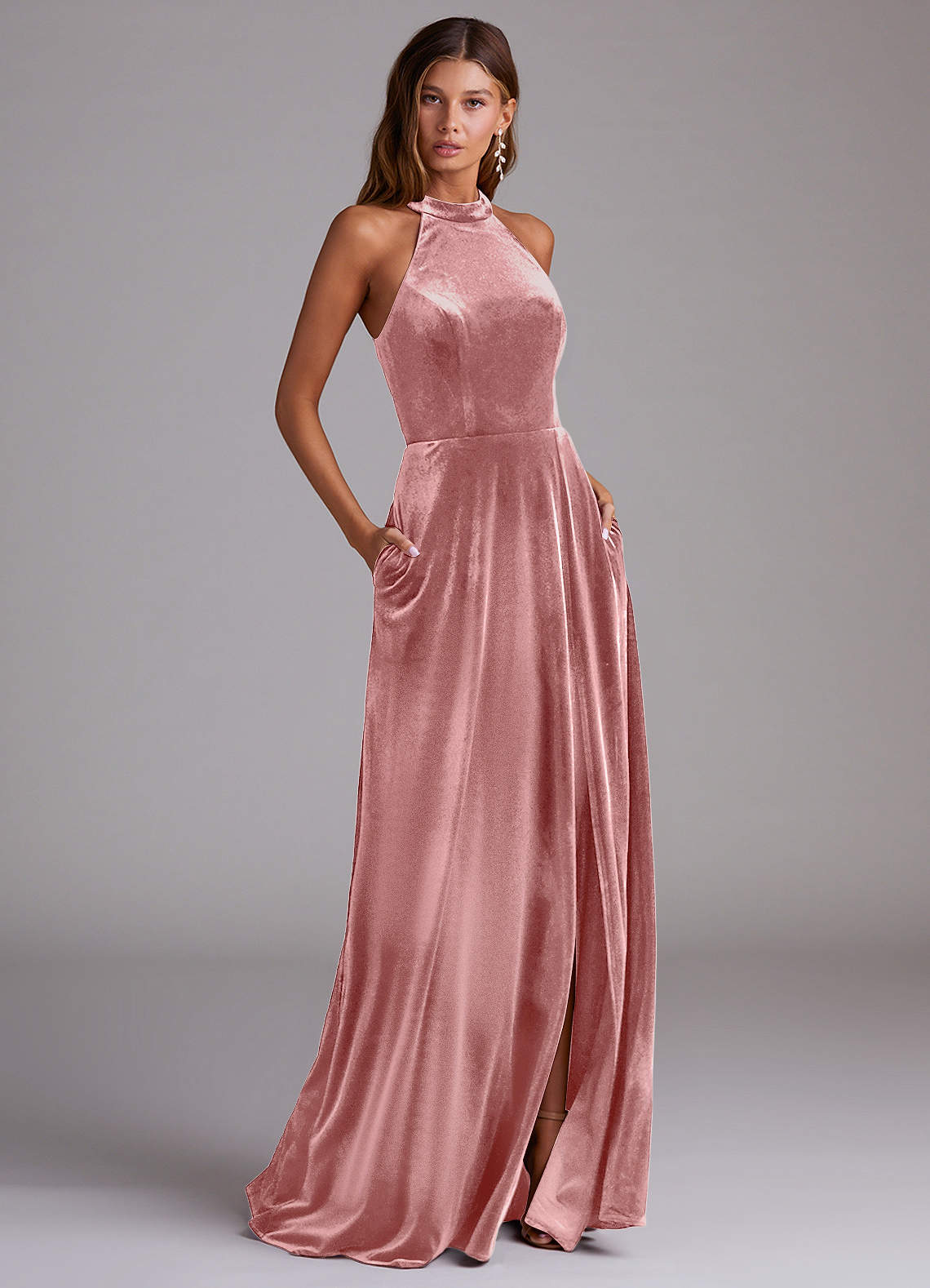Azazie Larice Bridesmaid Dresses Dusty Rose A-Line with Pockets Velvet Dress image1