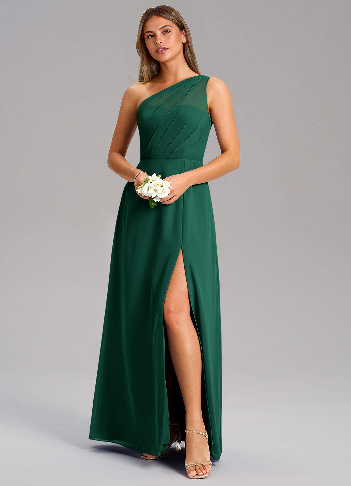 Azazie Phaedra Vestidos de madrinha de casamento Vestido Esmeralda de Chiffon de Linha A com Um ombro image3