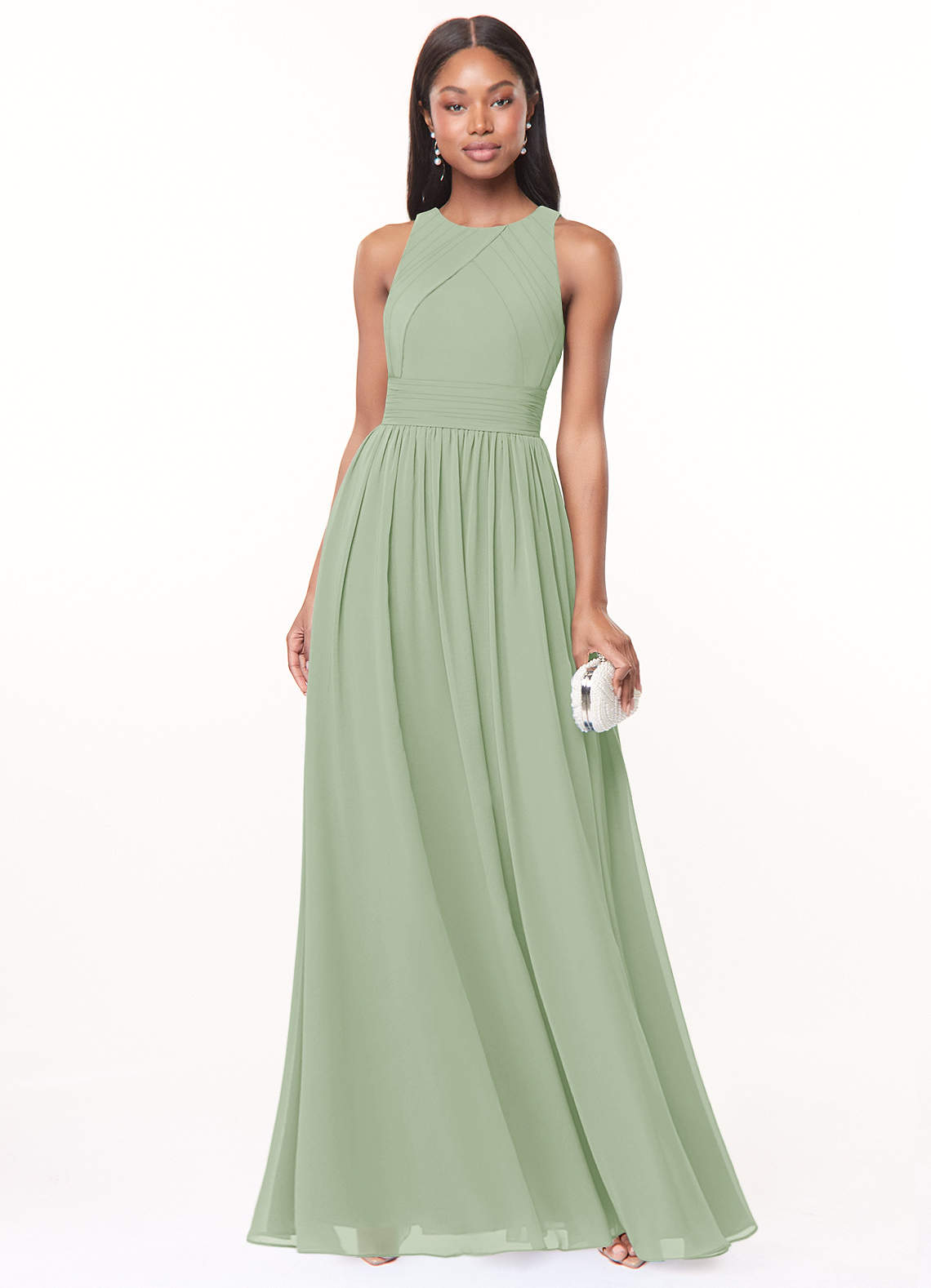 Azazie Harper Bridesmaid Dresses Dusty Sage A-Line Pleated Chiffon Dress image1