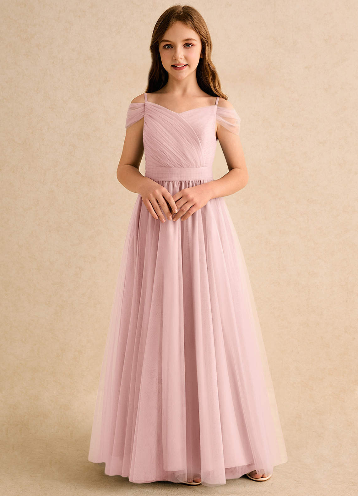 Azazie Yuna Girls Formal Abiti da Ragazza di Fiori Abito A-Line in Tulle Spalle Scoperte Rosa Cipria image3