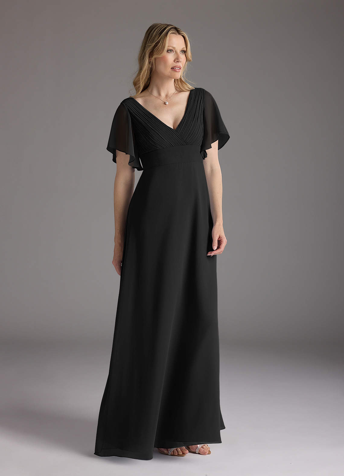 Azazie Alessa Kleider für die Brautmutter A-Linie V-Hals Gefaltet Chiffon Kleid Schwarz image1