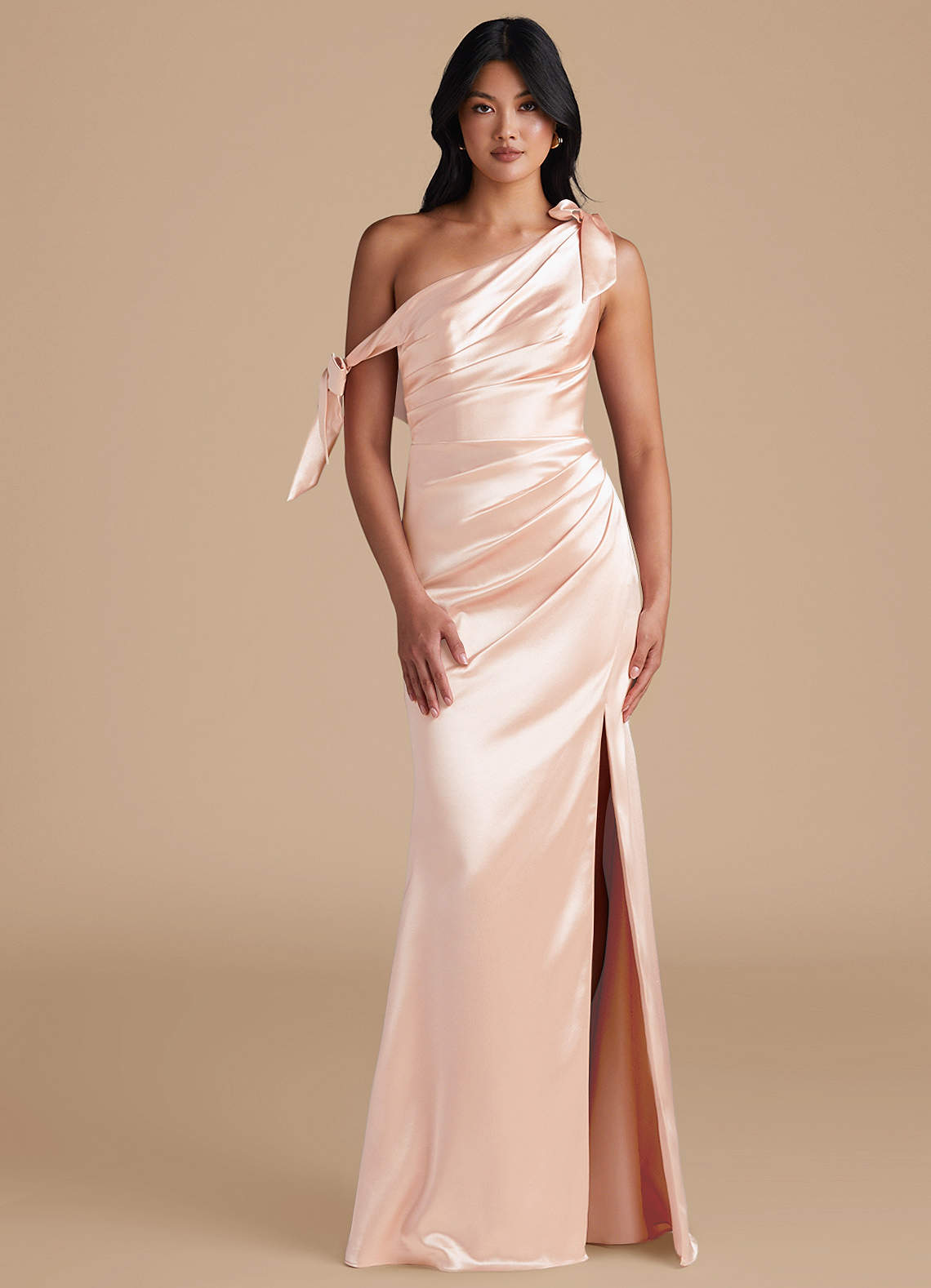Azazie Xyla Bridesmaid Dresses Rose Gold Sheath Off the Shoulder Metallic Satin Convertible Dress image1
