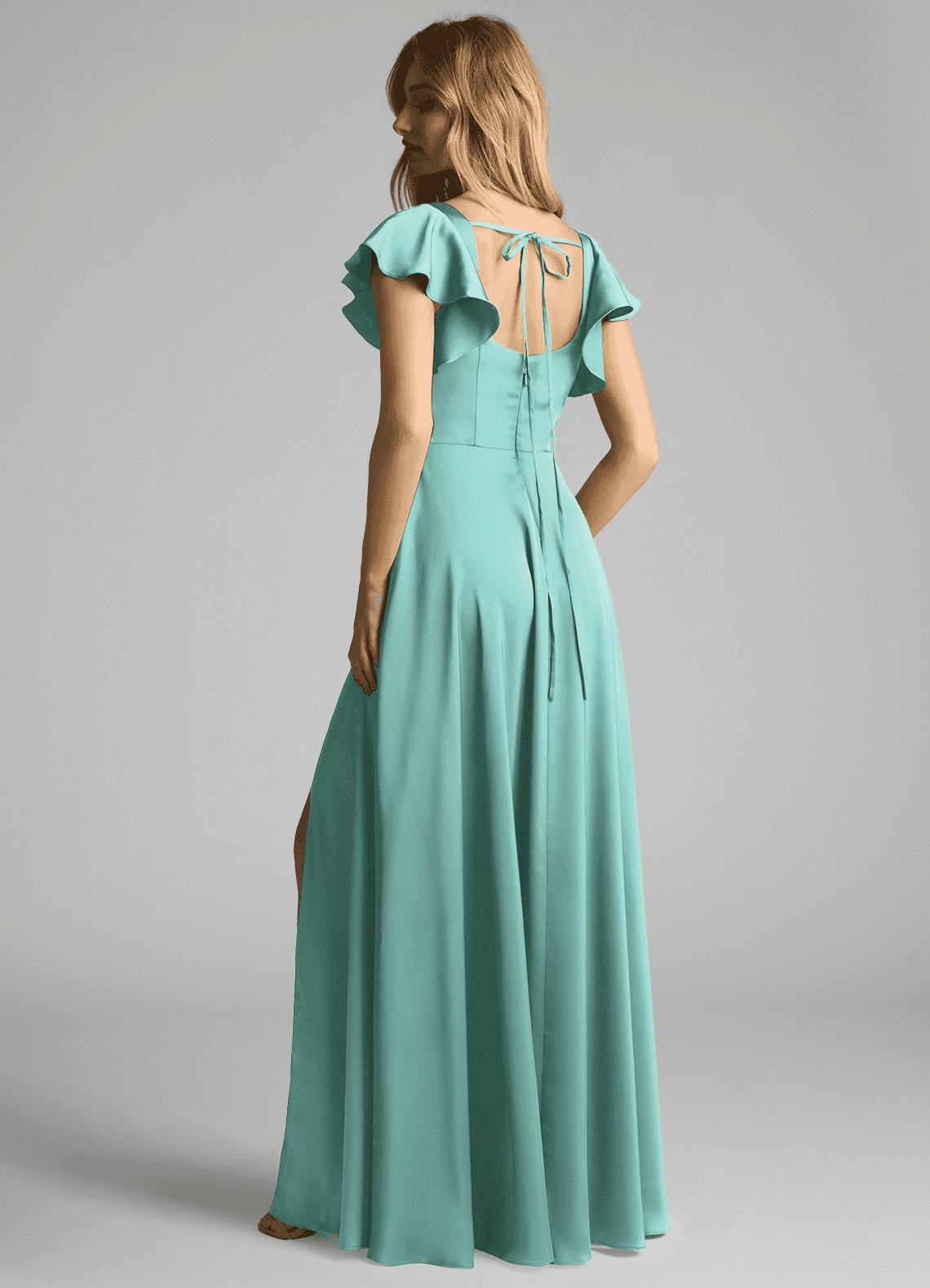 Azazie Bondi Bridesmaid Dresses Aqua A-Line Bow Stretch Satin Dress image2