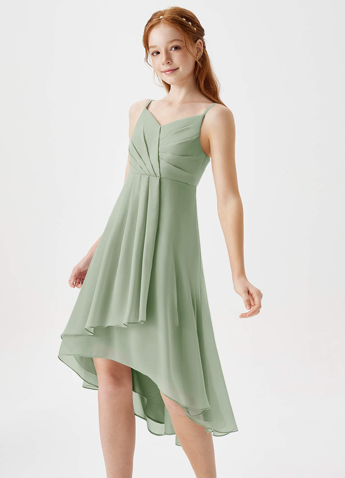 Azazie Mariam Junior A-Linie Plissee Chiffon Kleid Staubiger Salbeigrün image1
