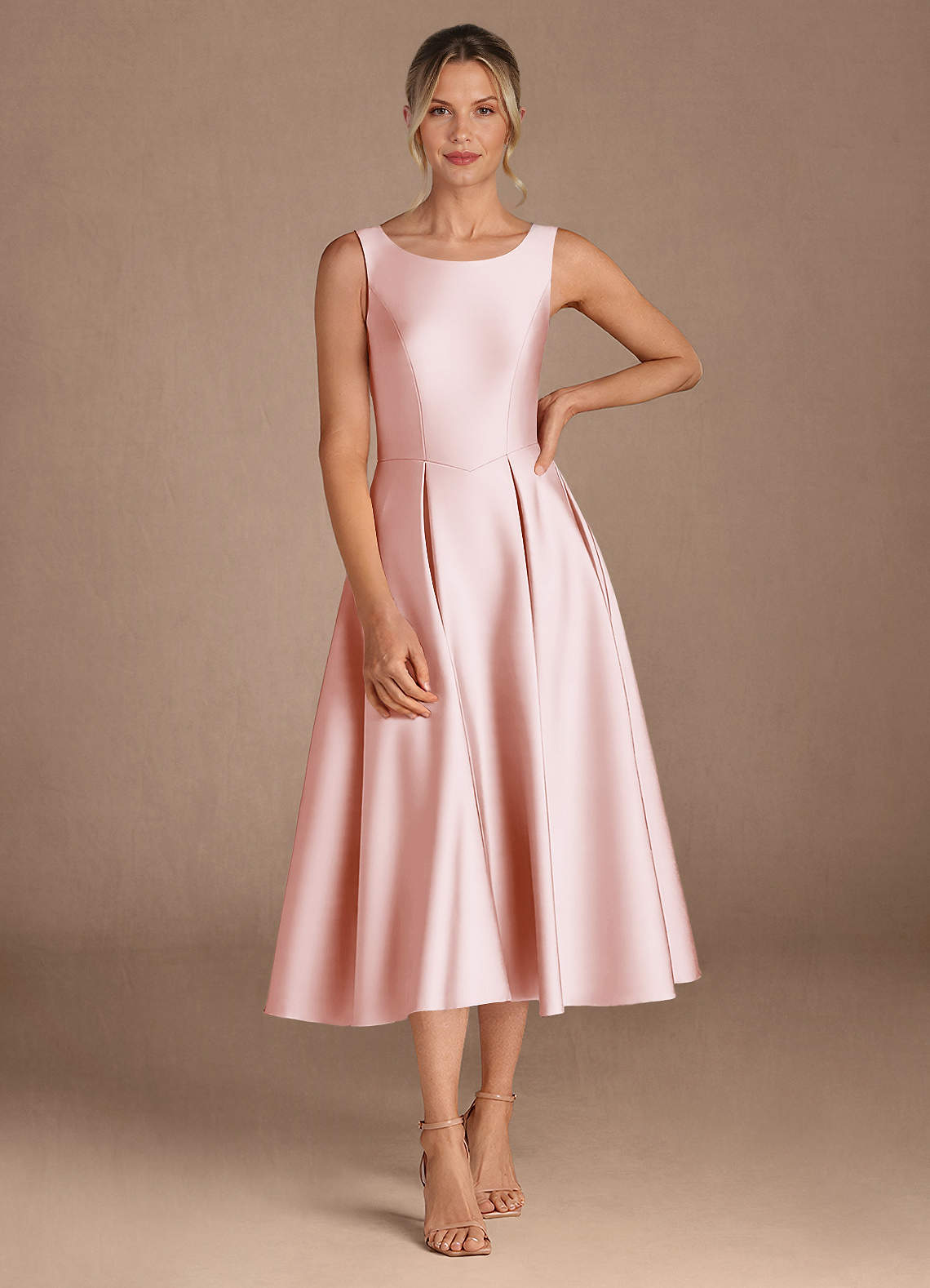 Azazie Fulton Mother of the Bride Dresses Blushing Pink A-Line Pleated Stretch Satin Dress image3