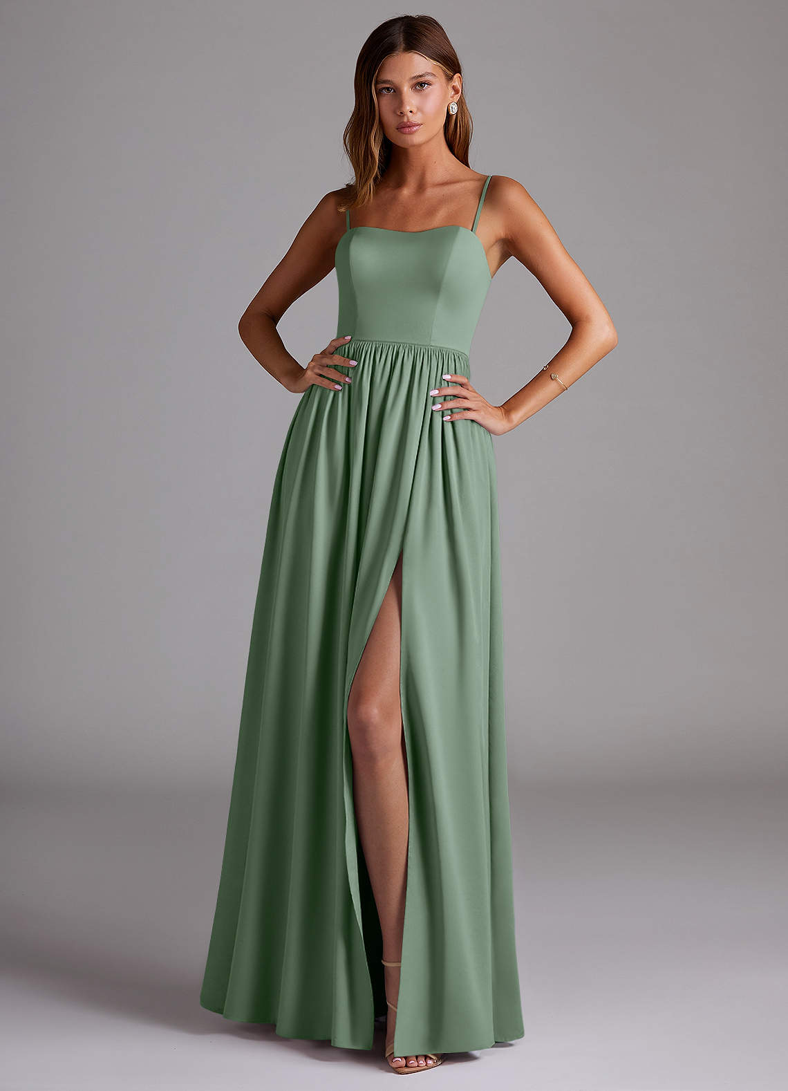 Azazie Calianna Bridesmaid Dresses Matcha A-Line Off the Shoulder Stretch Satin Convertible Dress image1