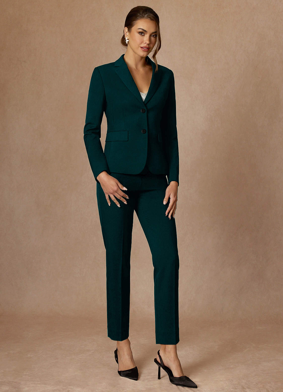 front Whitney Pine Structured Stretch Full Length Pants Suit