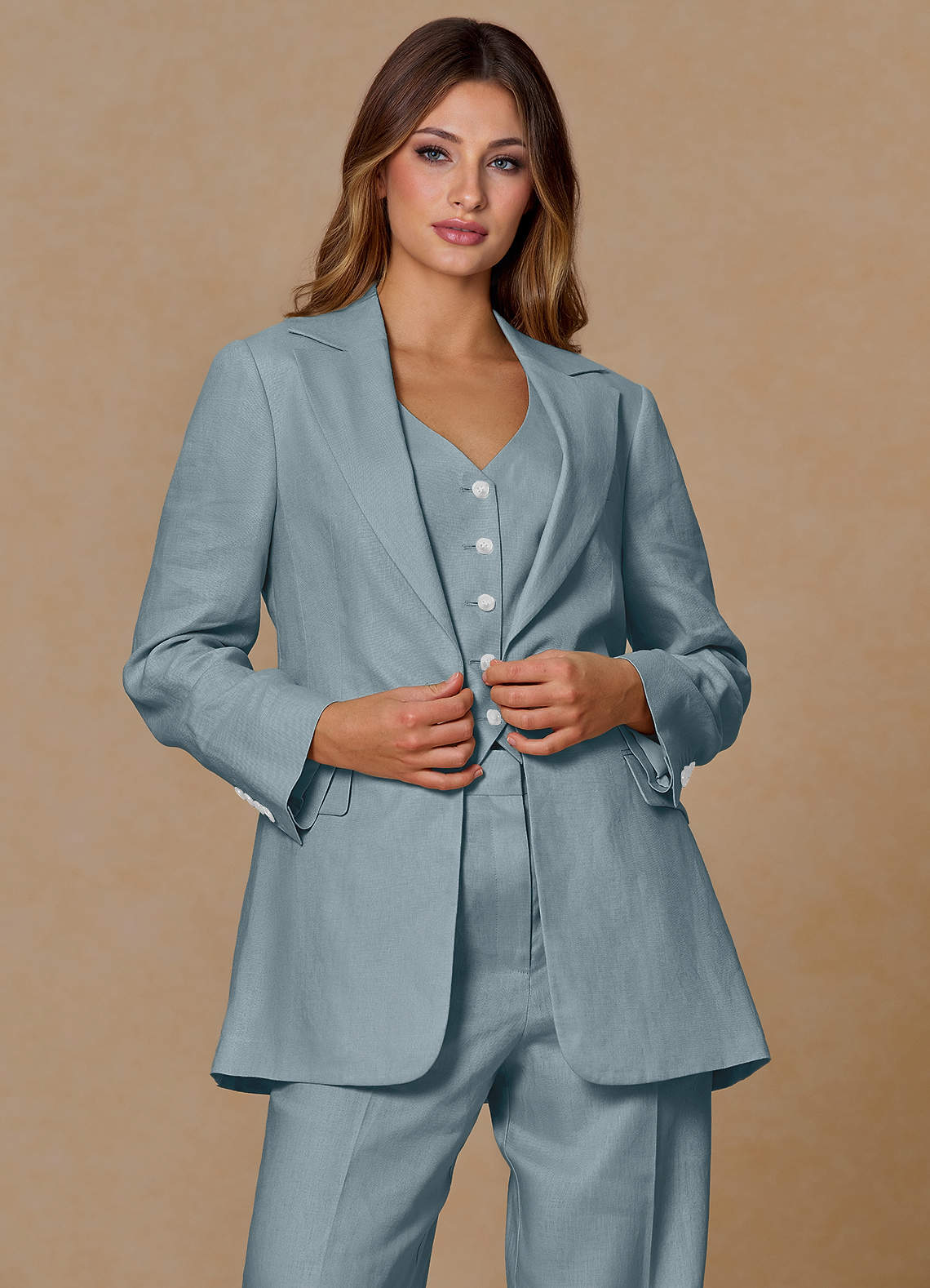 front Belicia Dusty Blue 100% Linen Blazer