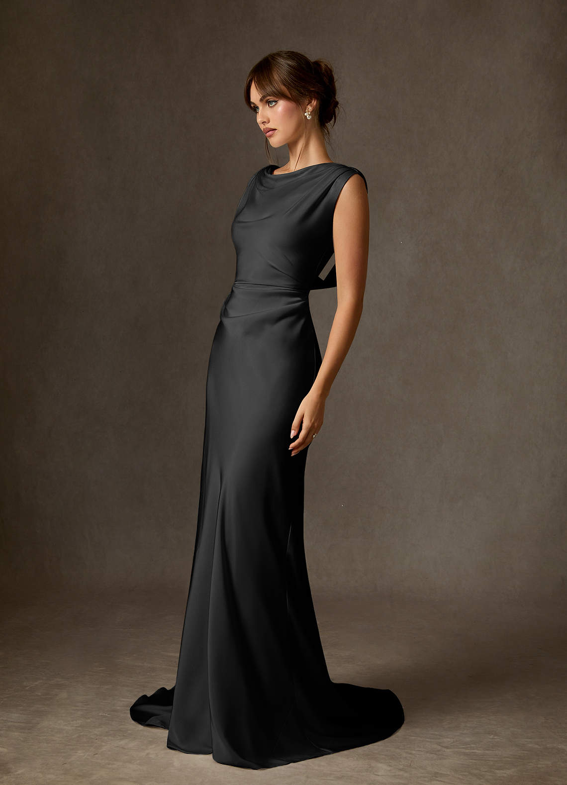 Azazie Kieryn Wedding Dresses Black Fit and Flare Stretch Satin Dress image3