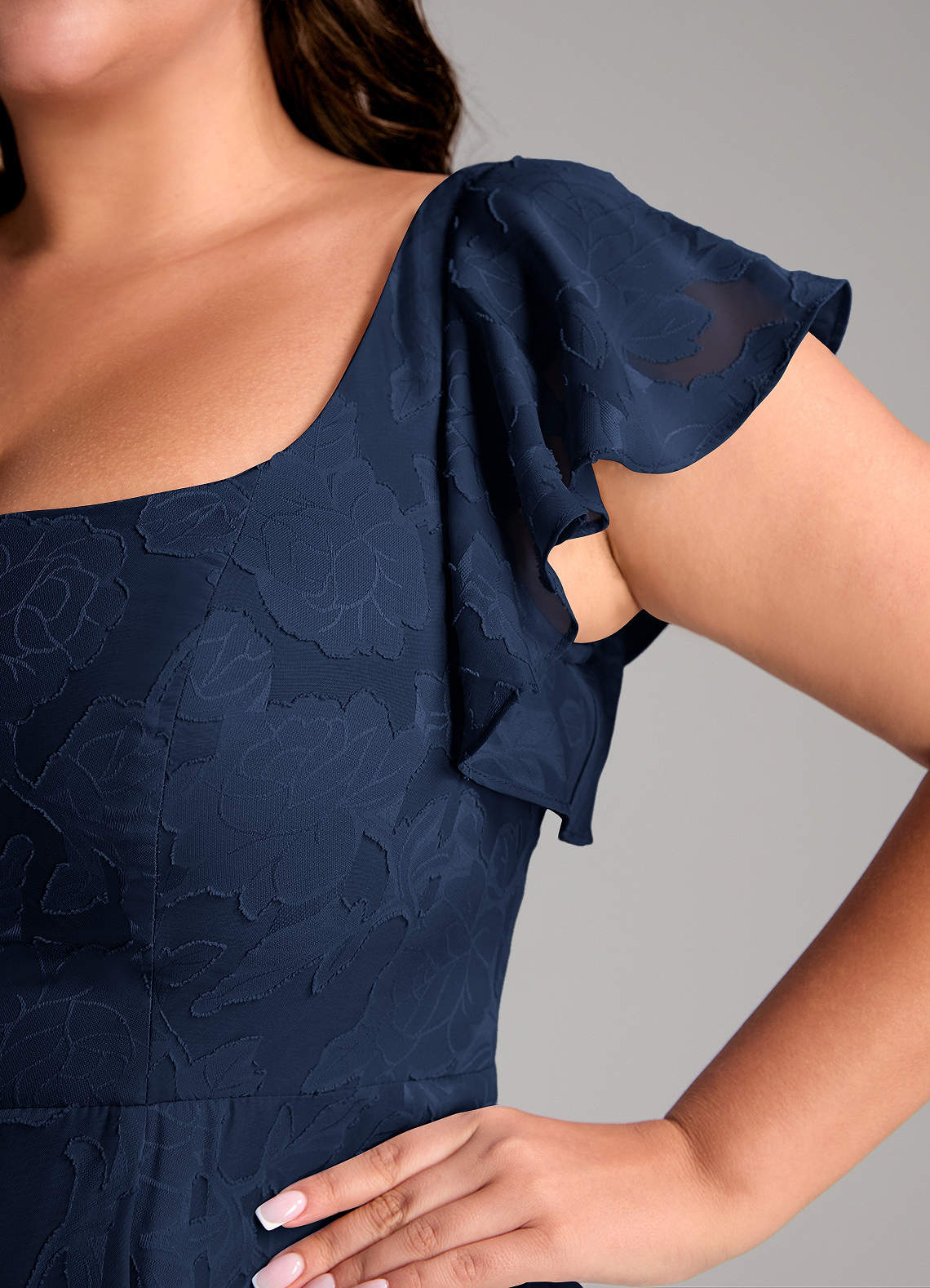 Azazie Bondi Vestidos de madrinha de casamento Vestido Azul Marinho de Esgotamento Floral de Linha A com Fenda Lateral image10