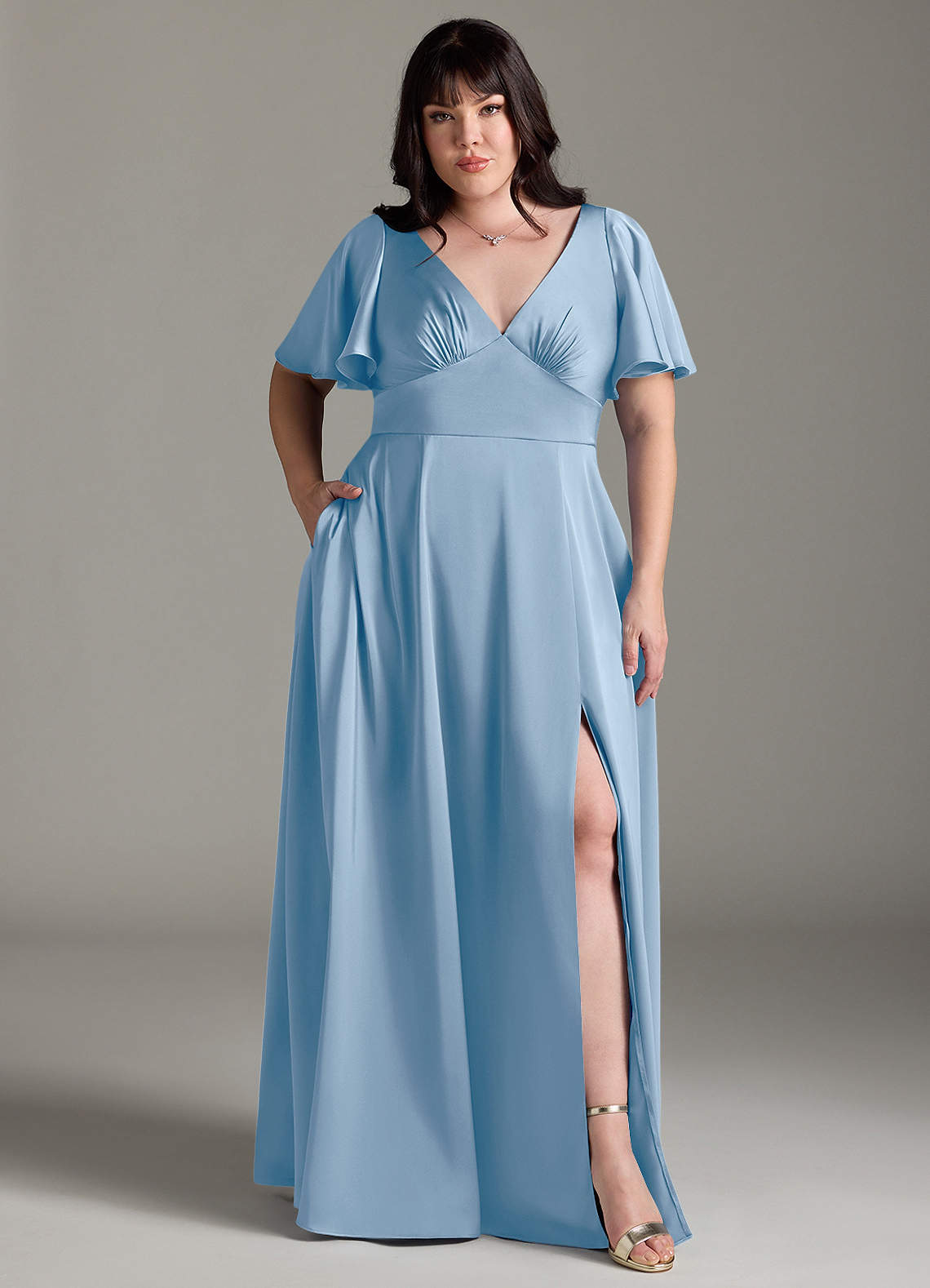 Azazie Kimber Bridesmaid Dresses Powder Blue A-Line Ruched Stretch Satin Dress image1