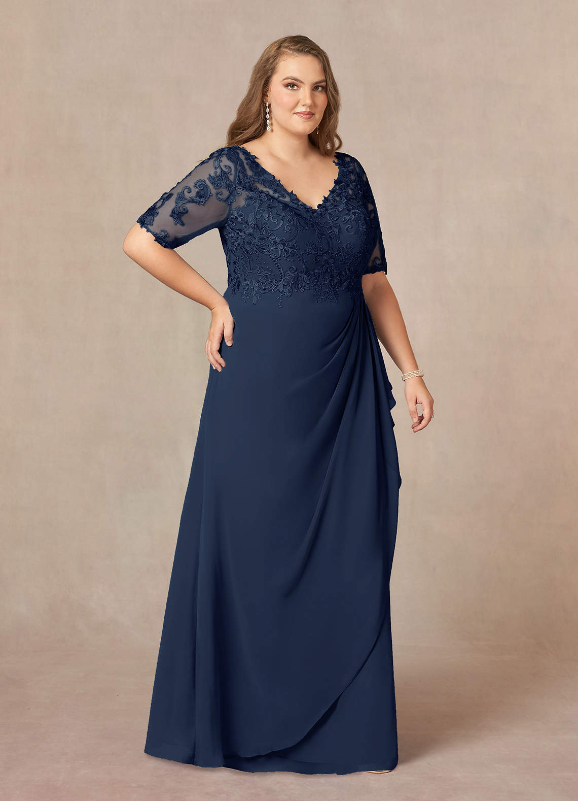 Azazie Amedeus Mother of the Bride Dresses Dark Navy A-Line V-Neck Lace Chiffon Dress image3