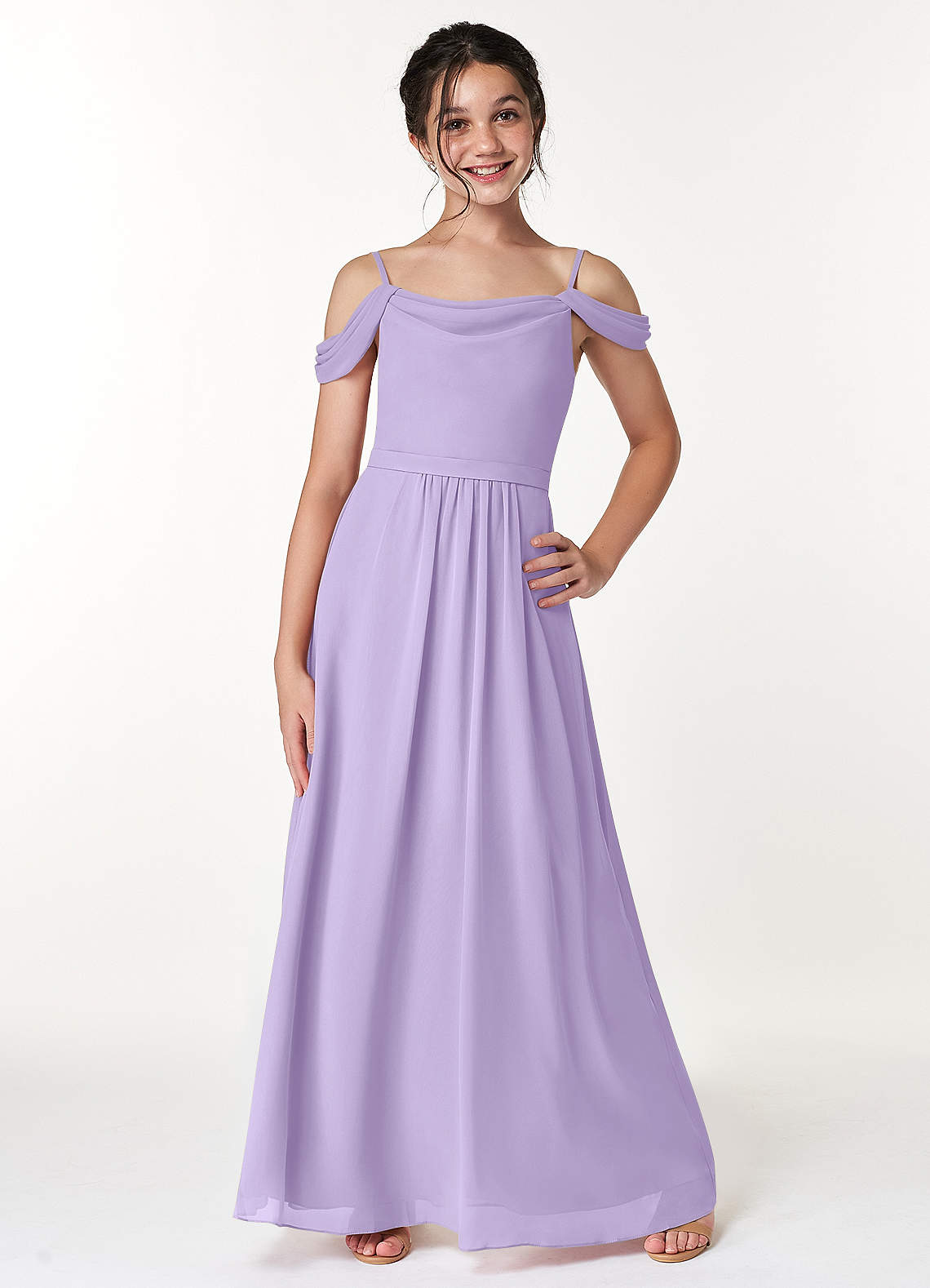 Azazie Alivia Junior Lilac A-Line Off the Shoulder Chiffon Dress image1
