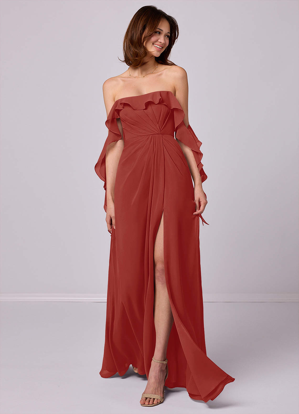 Barbie ♥ Azazie Jurken voor bruidsmeisjes Converteerbaar Jurk van Chiffon met A-Lijn Off the Shoulder Terracotta image1