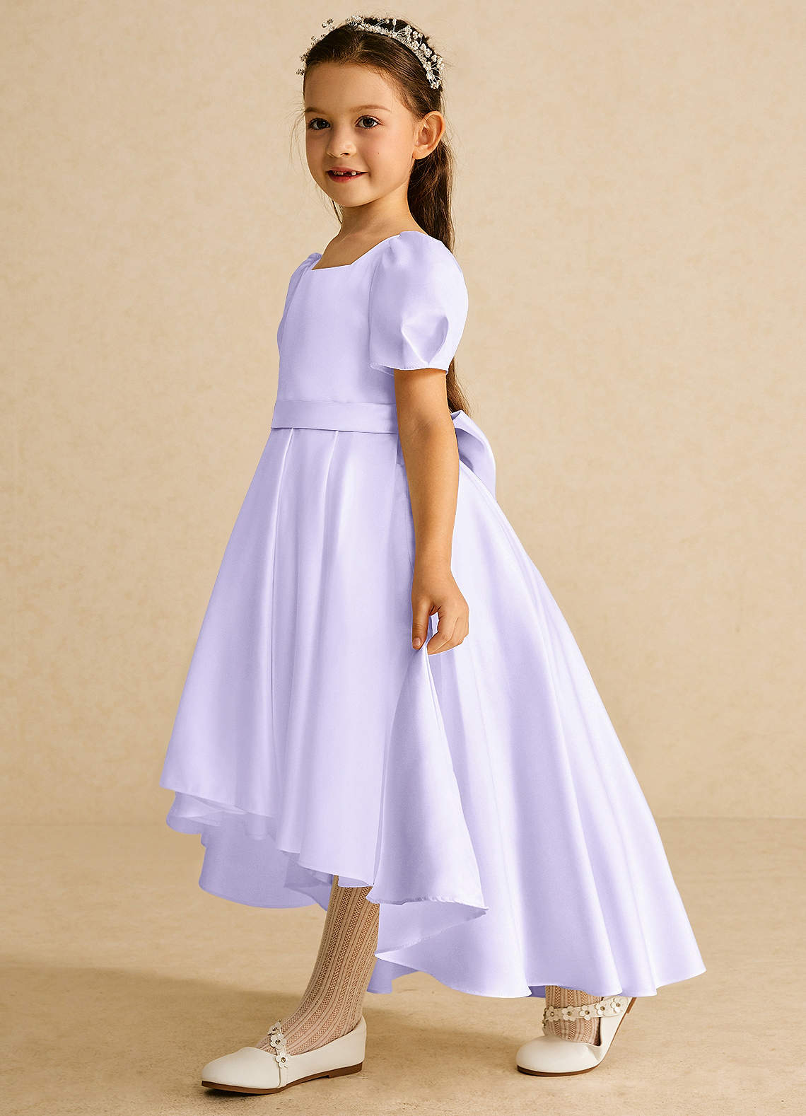 Azazie Zippy Flower Girl Dresses Lilac A-Line with Sleeves Matte Satin Dress image1