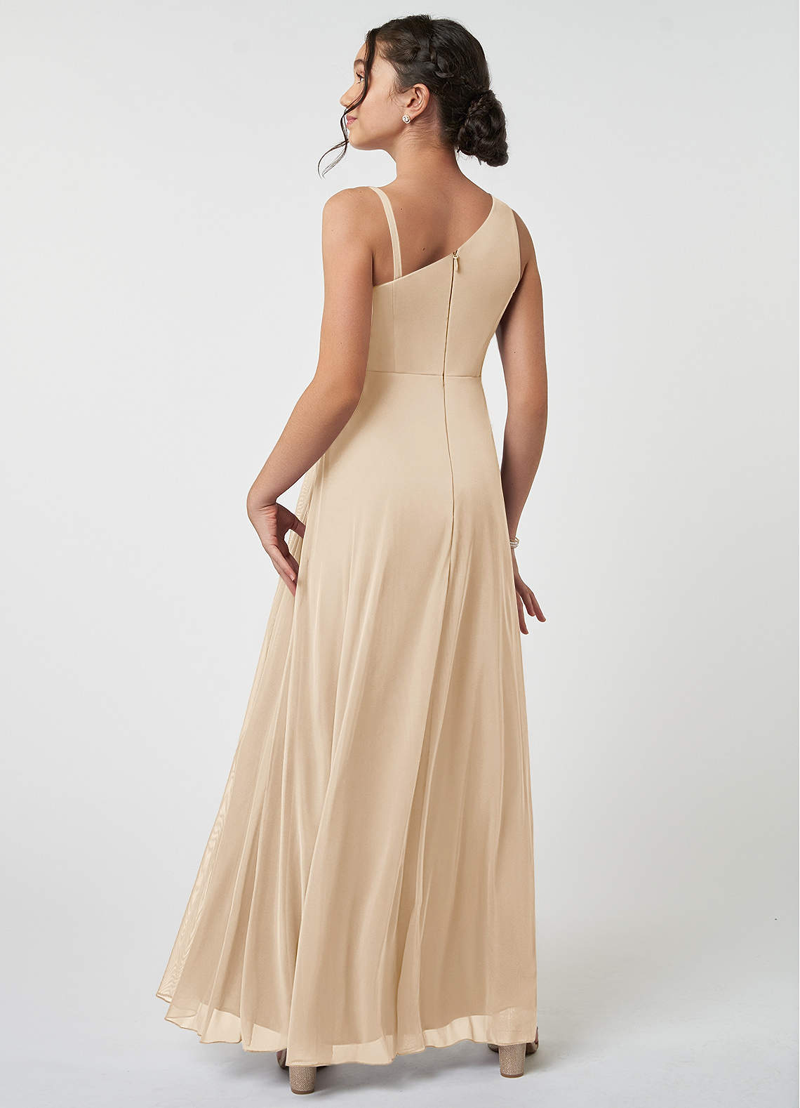 Azazie Brooke Junior Champagne A-Line Pleated Mesh Dress image3