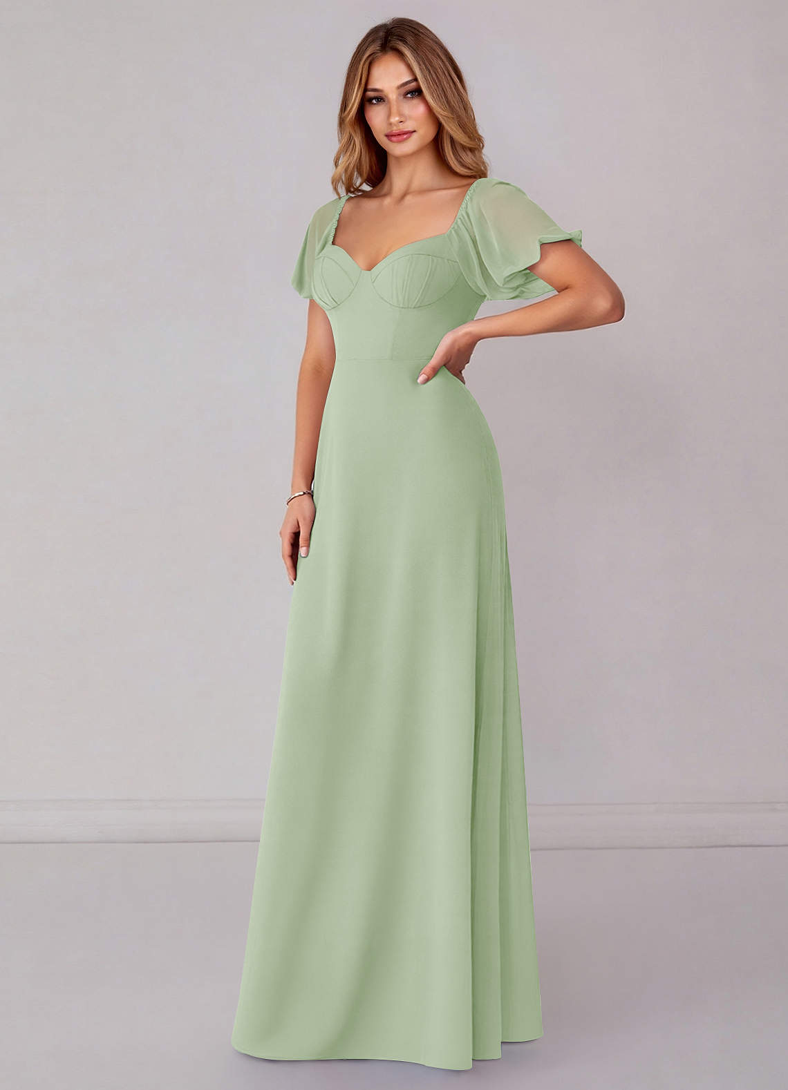 Azazie Fatima Bridesmaid Dresses Dusty Sage A-Line with Pockets Chiffon Dress image3