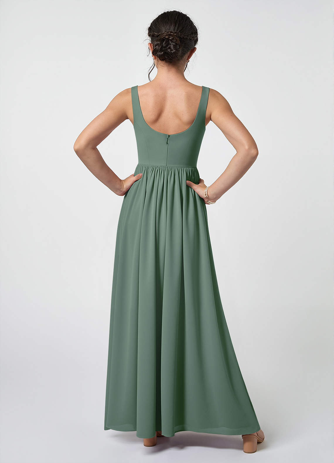 Azazie Keyla Junior Eucalyptus A-Line Pleated Chiffon Dress image1