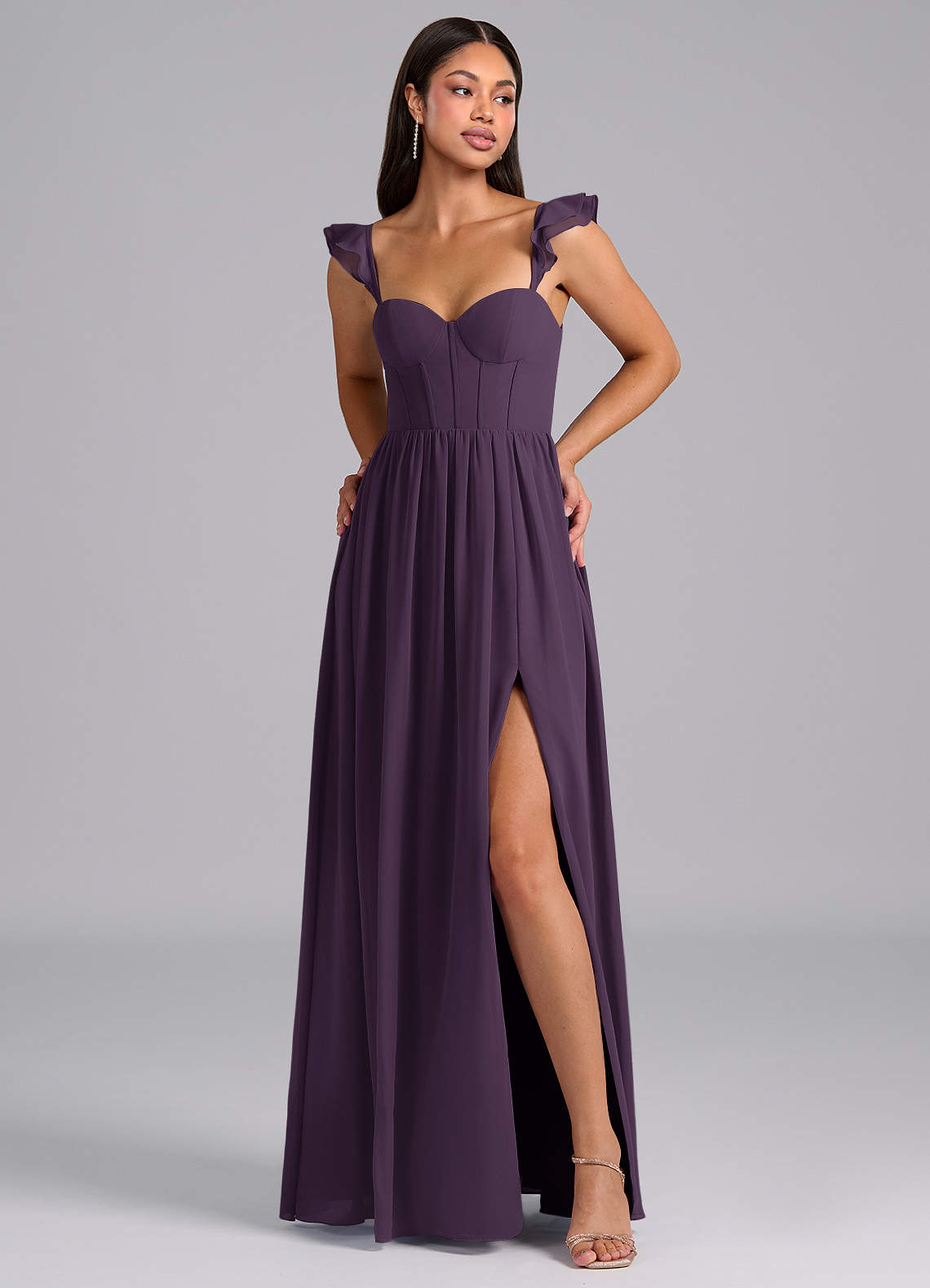 Azazie Denisse Robes de demoiselle d'honneur Robe Trapèze en Mousseline de soie Rayé Prune image1