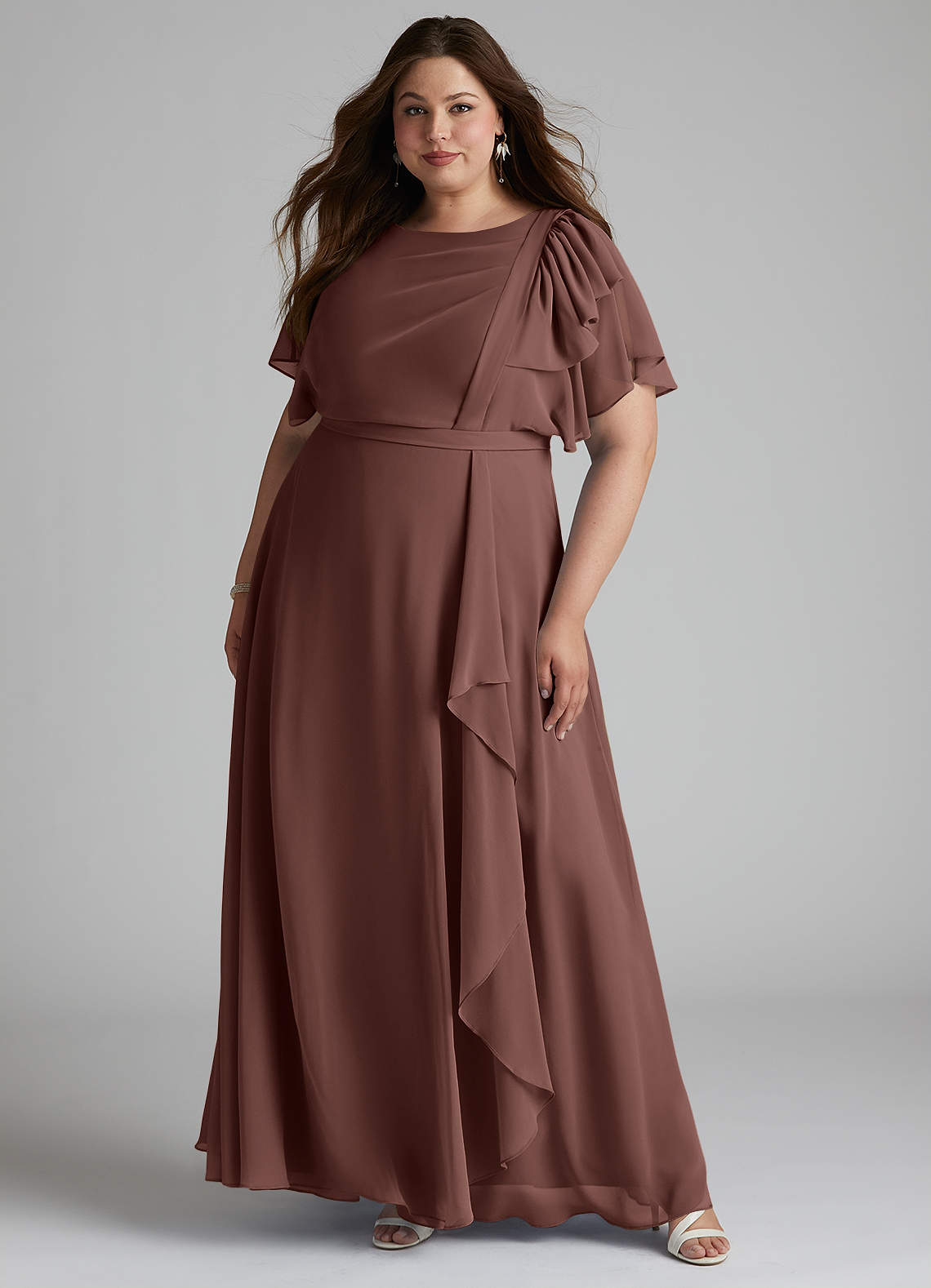 Azazie Aaliyah Robes de demoiselle d'honneur modestes Robe Trapèze Plissé à encolure dégagée Longueur ras du sol Mousseline de soie image5
