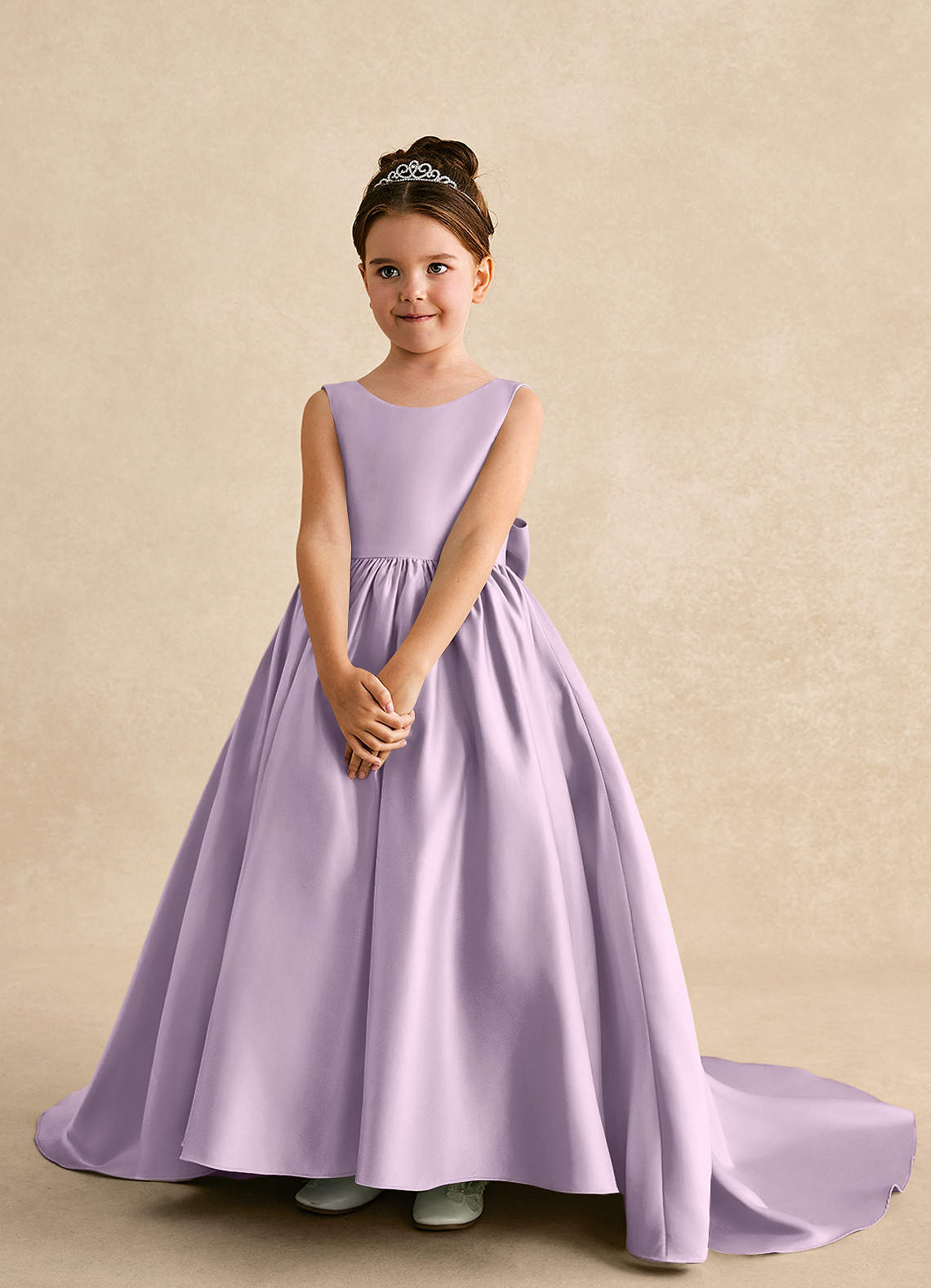 Azazie Mimia Robe Demoiselle D'honneur Fillette Robe Trapèze en Mat Satiné Arc Frostiges Flieder image2