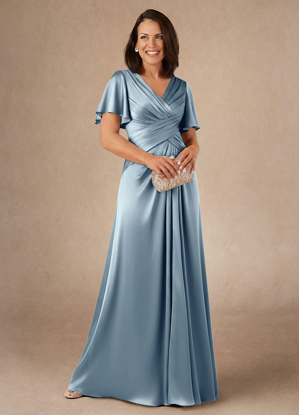 Azazie Emmeline Abiti per la Madre della Sposa Abito A-Line in Raso Elasticizzato Plissettato Blu Polveroso image1