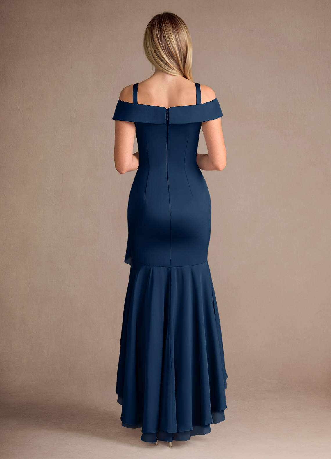 Azazie Billings Mother of the Bride Dresses Dark Navy Mermaid Off the Shoulder Stretch Satin Dress image7