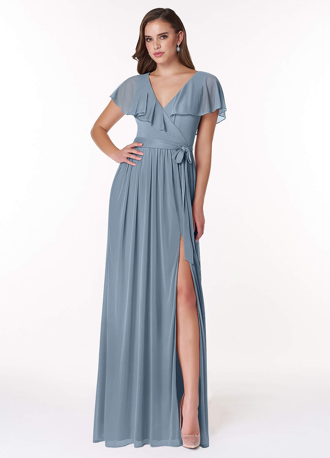 Azazie Jael Robes de demoiselle d'honneur Robe Trapèze en Maille Col en V Bleu Poussiéreux image1