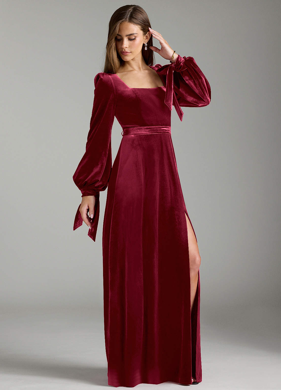 Azazie Leonia Bridesmaid Dresses Burgundy A-Line Long Sleeve Velvet Dress image3