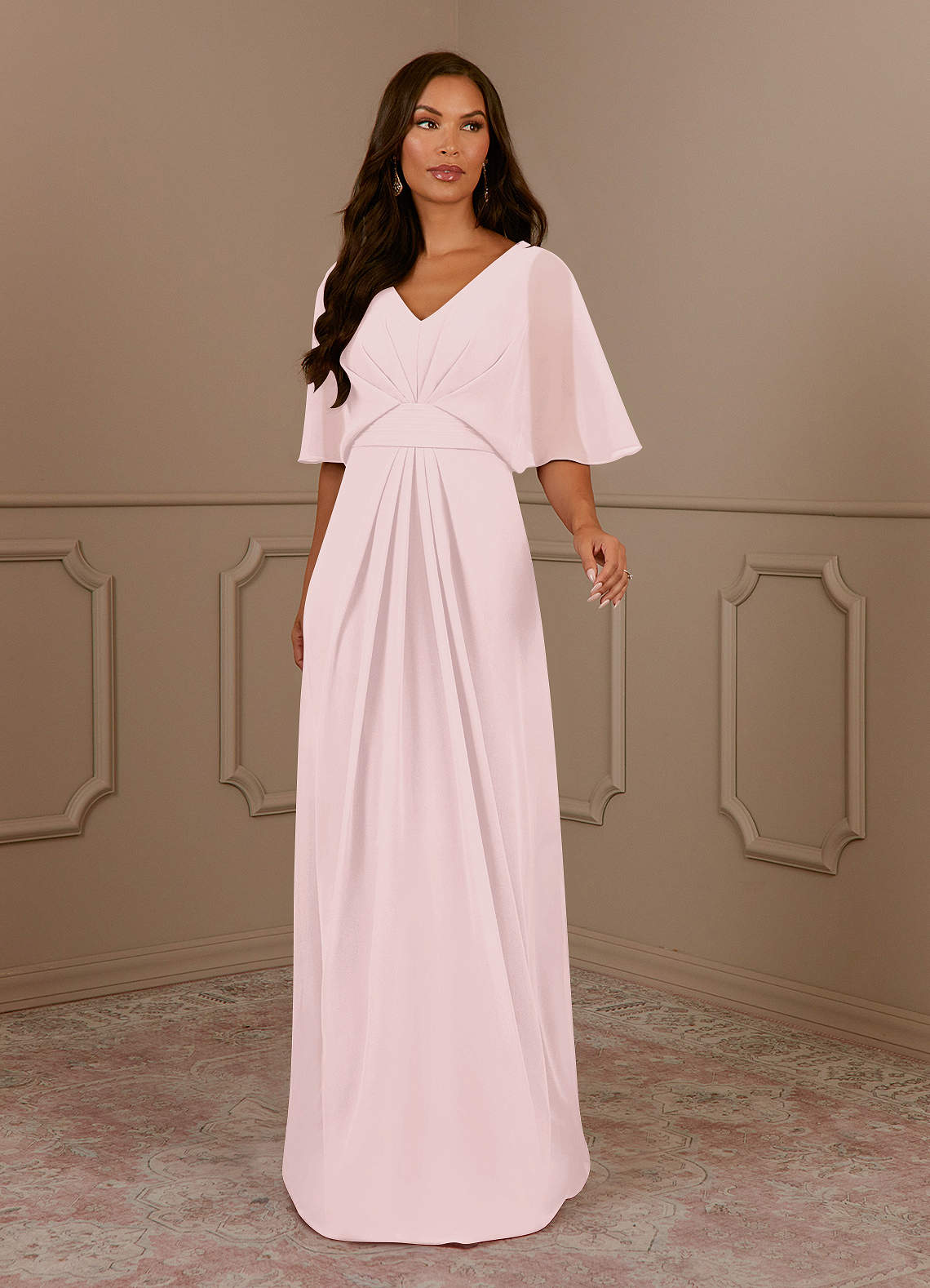 ワンピース ANIYE BY Woman Dress Blush Pink 185621 00800 Azazie Oksana Blushing Pink A-Line V-Neck Pleated Chiffon