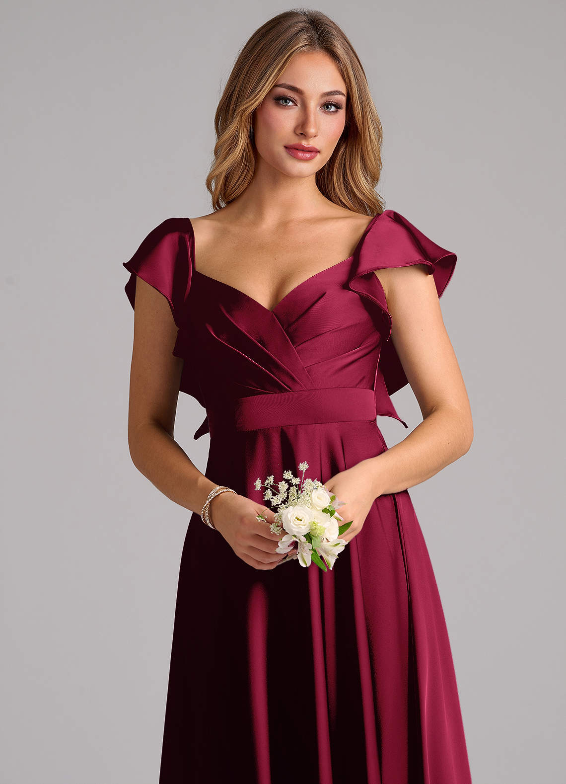 Azazie Leilani Bridesmaid Dresses Burgundy A-Line Ruched Stretch Satin Dress image4