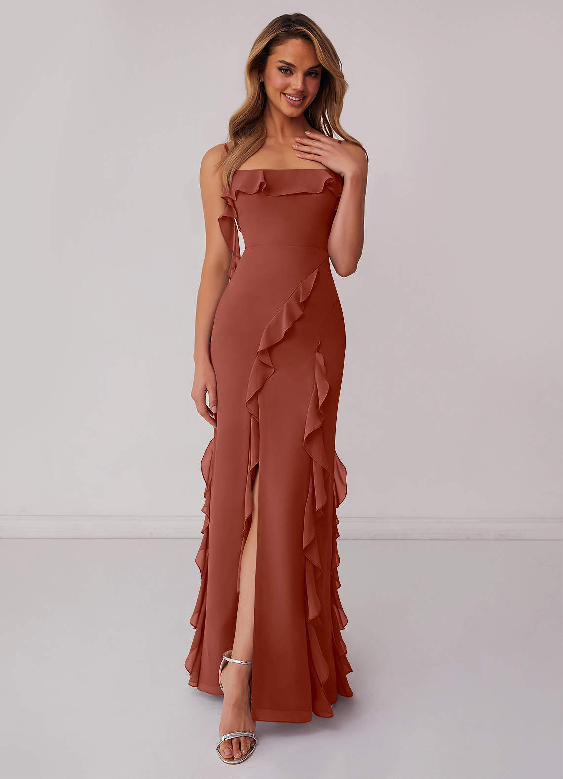 Barbie ♥ Azazie Jurken voor bruidsmeisjes Jurk van Chiffon met Kolom Boog Kastanjebruin image1