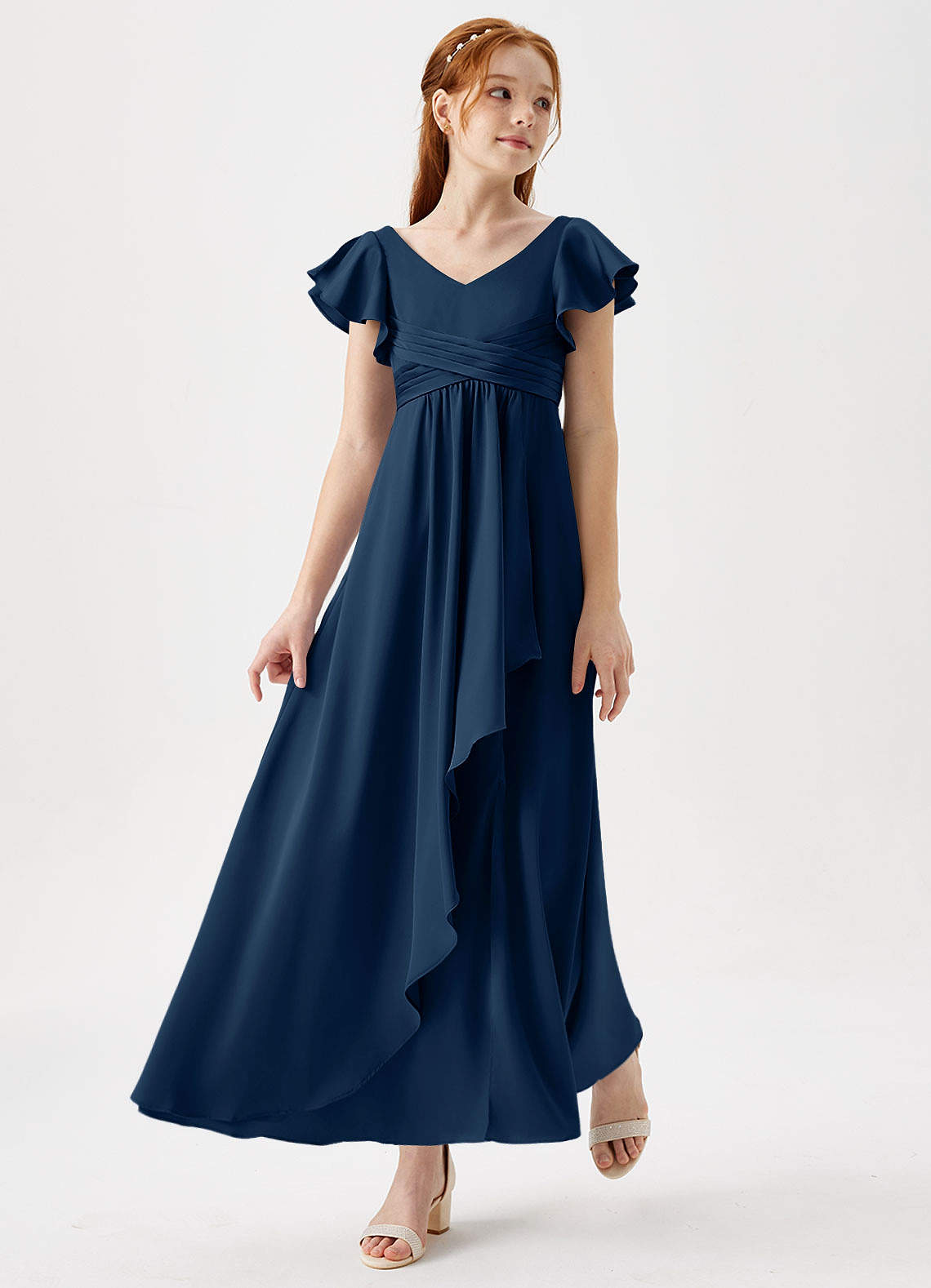 Azazie Omari Junior Dark Navy A-Line Pleated Stretch Satin Dress image1