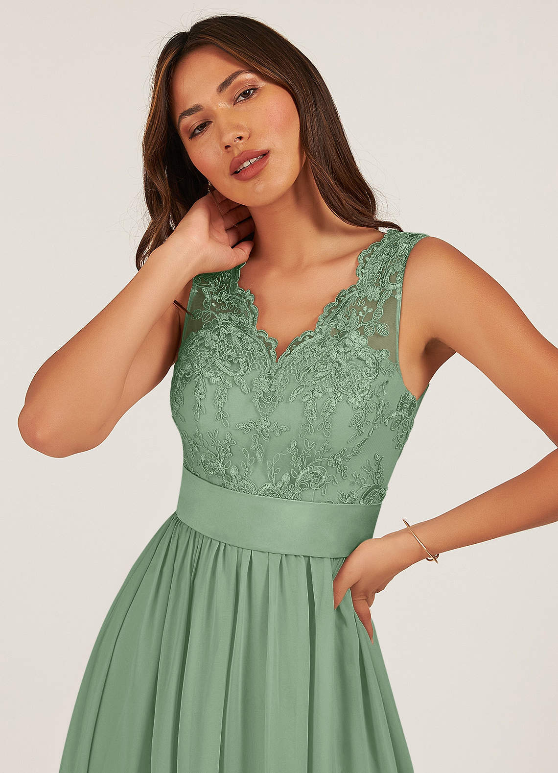 Azazie Gertrude At-home Try On Dresses Mulberry A-Line Lace Chiffon Dress image10