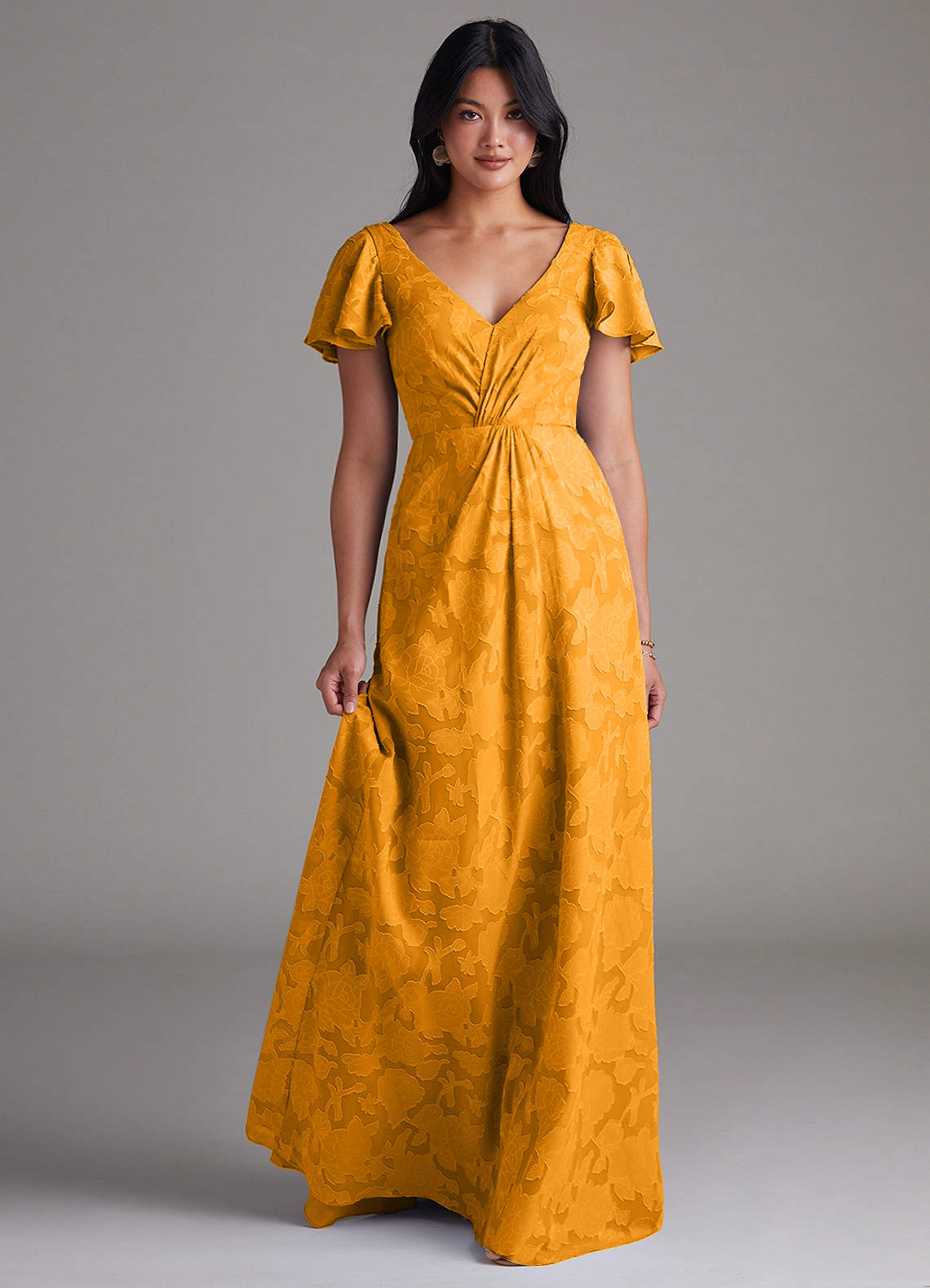 Azazie Soren Brautjungfernkleider A-Linie Plissee Blumen-Burnout Kleid Butterscotch image1