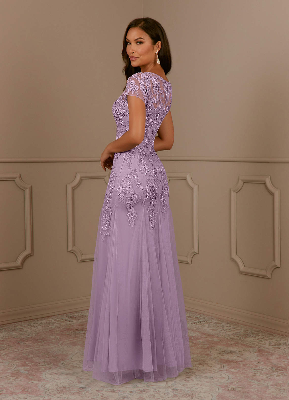 Wisteria Mother Of The Bride Dresses V-Neck Lace Appliques Top A-Line Tulle Mother Of The Bride Dress