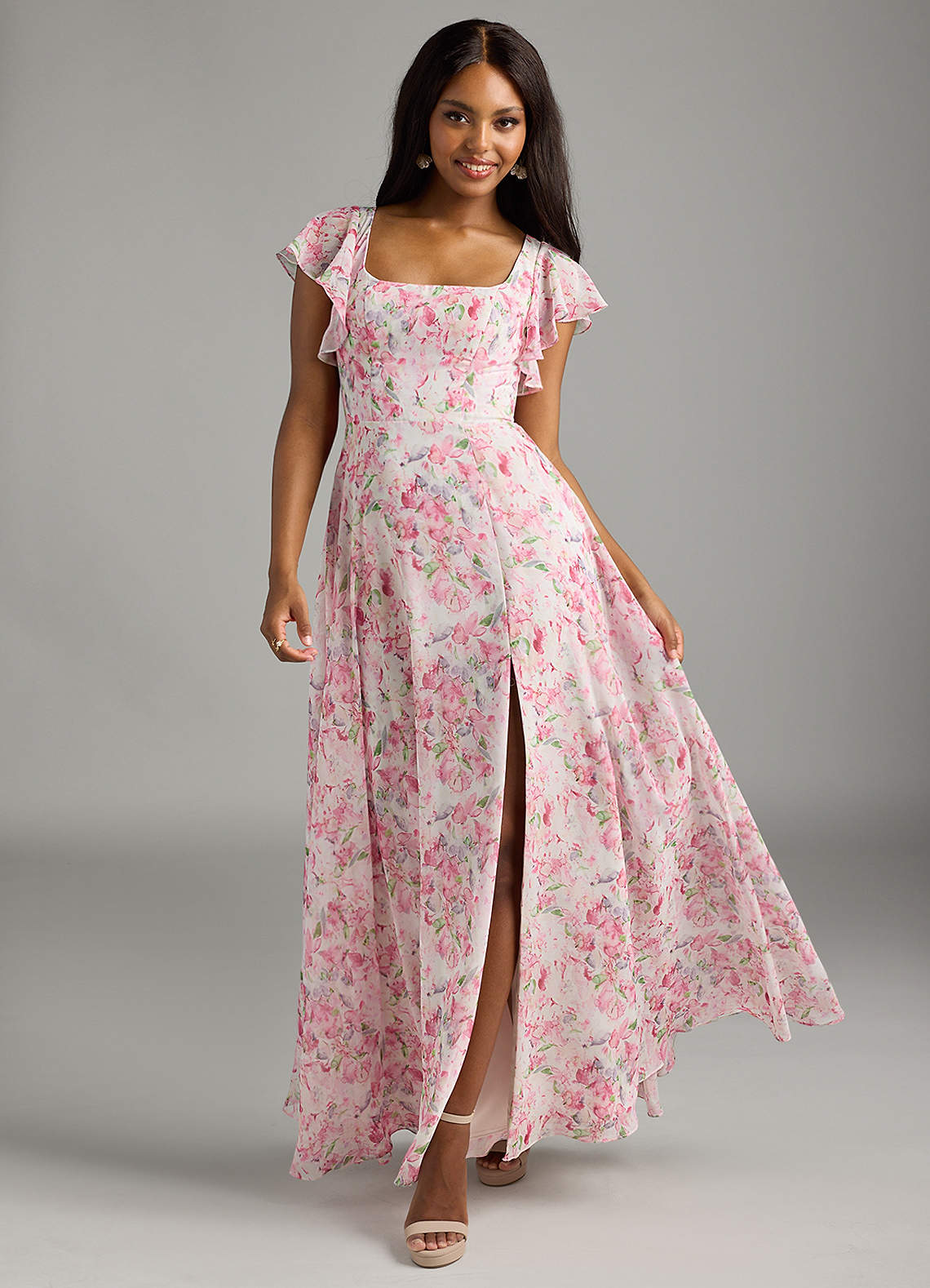 watercolor chiffon dress Fouad Sarkis F02981 Pastel Flower-Printed Chiffon Gown with Watercolor Effect