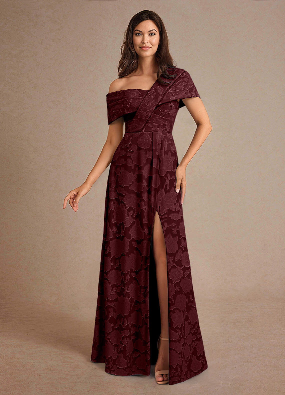 Azazie Milton Mother of the Bride Dresses Cabernet A-Line Pleated Floral Burnout Dress image1