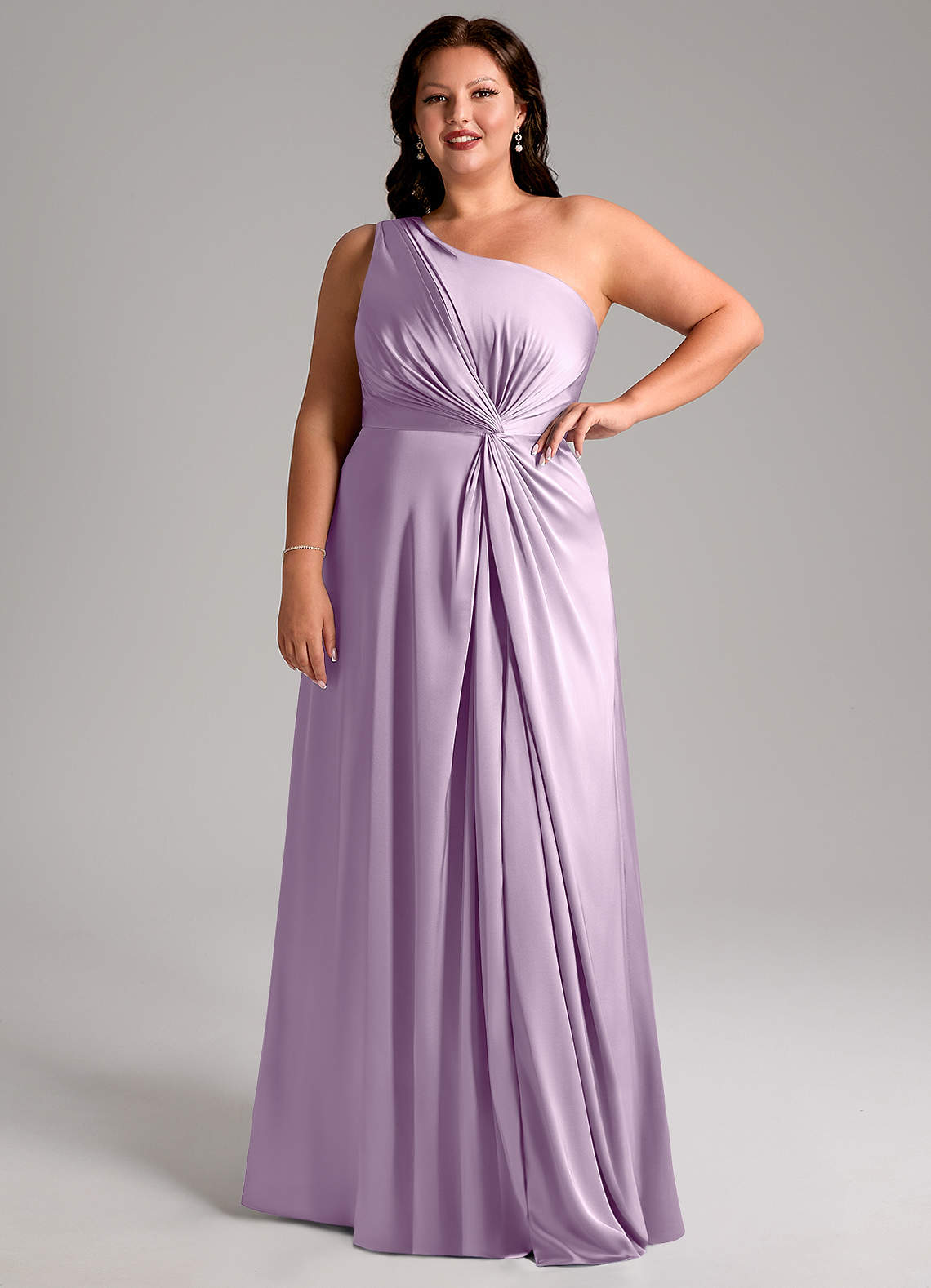 Azazie Brooke Bridesmaid Dresses Frosted Lilac A-Line One Shoulder Stretch Satin Dress image11