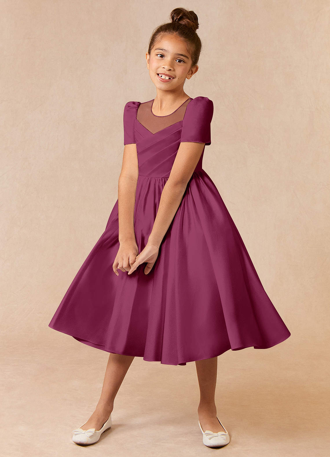 Azazie Anirra Flower Girl Dresses Mulberry Ball-Gown Pleated Matte Satin Dress image1