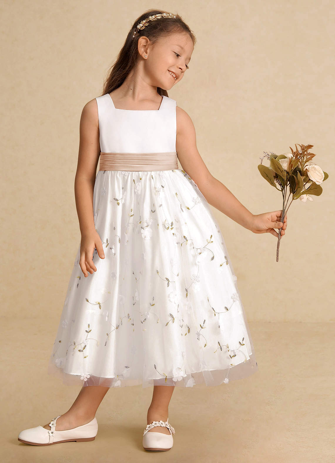 Azazie Pollie Flower Girl Dresses Ivory English Rose A-Line Bow Tulle Dress image3