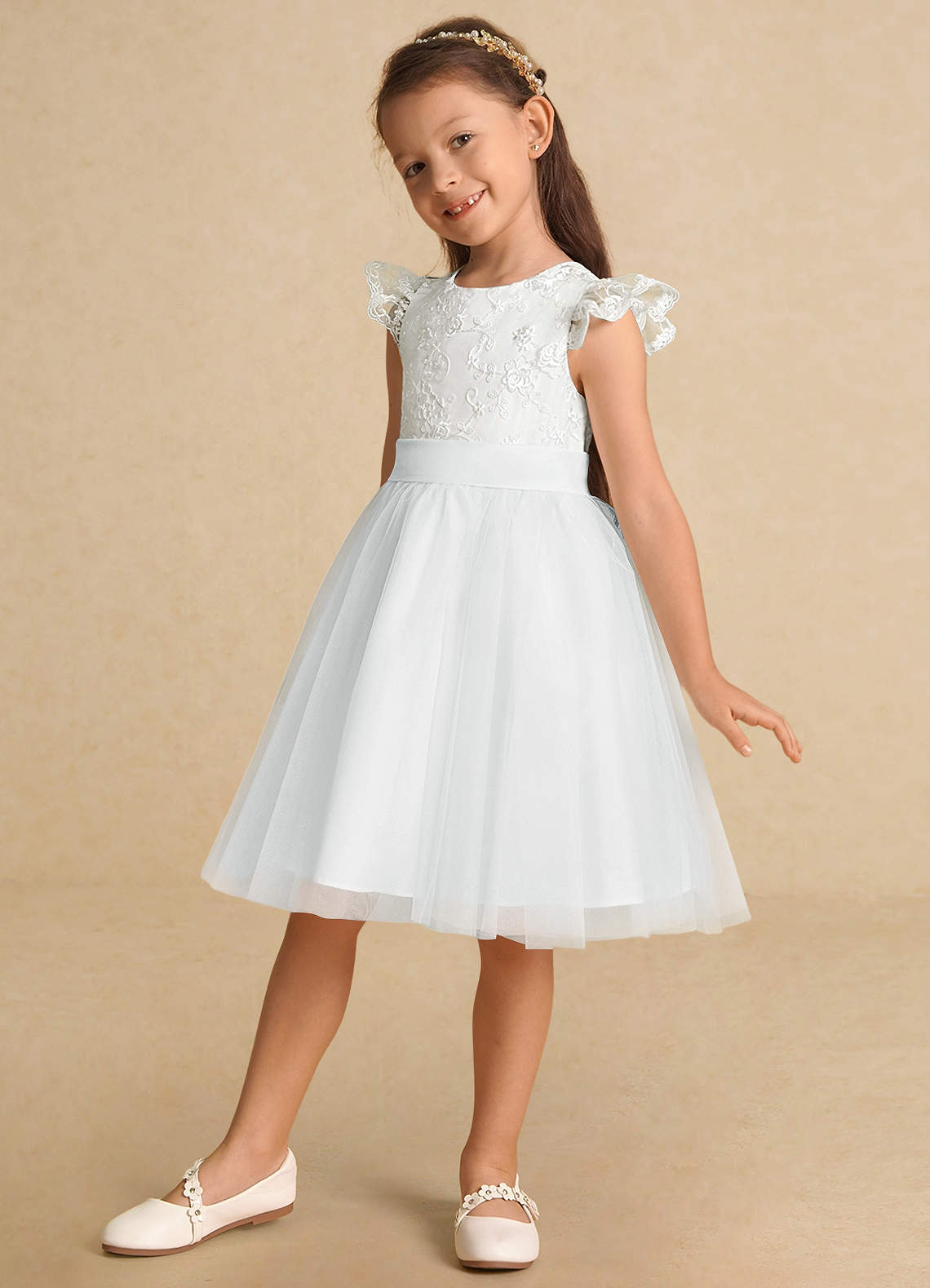 Azazie Vetty Flower Girl Dresses Diamond White A-Line Lace Tulle Dress image2