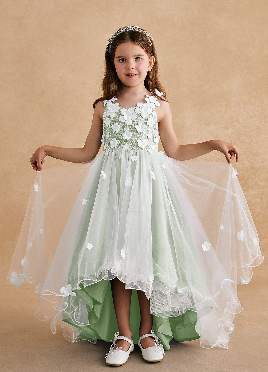 Azazie Celia Flower Girl Dresses Dusty Sage A-Line Lace Tulle Dress image2