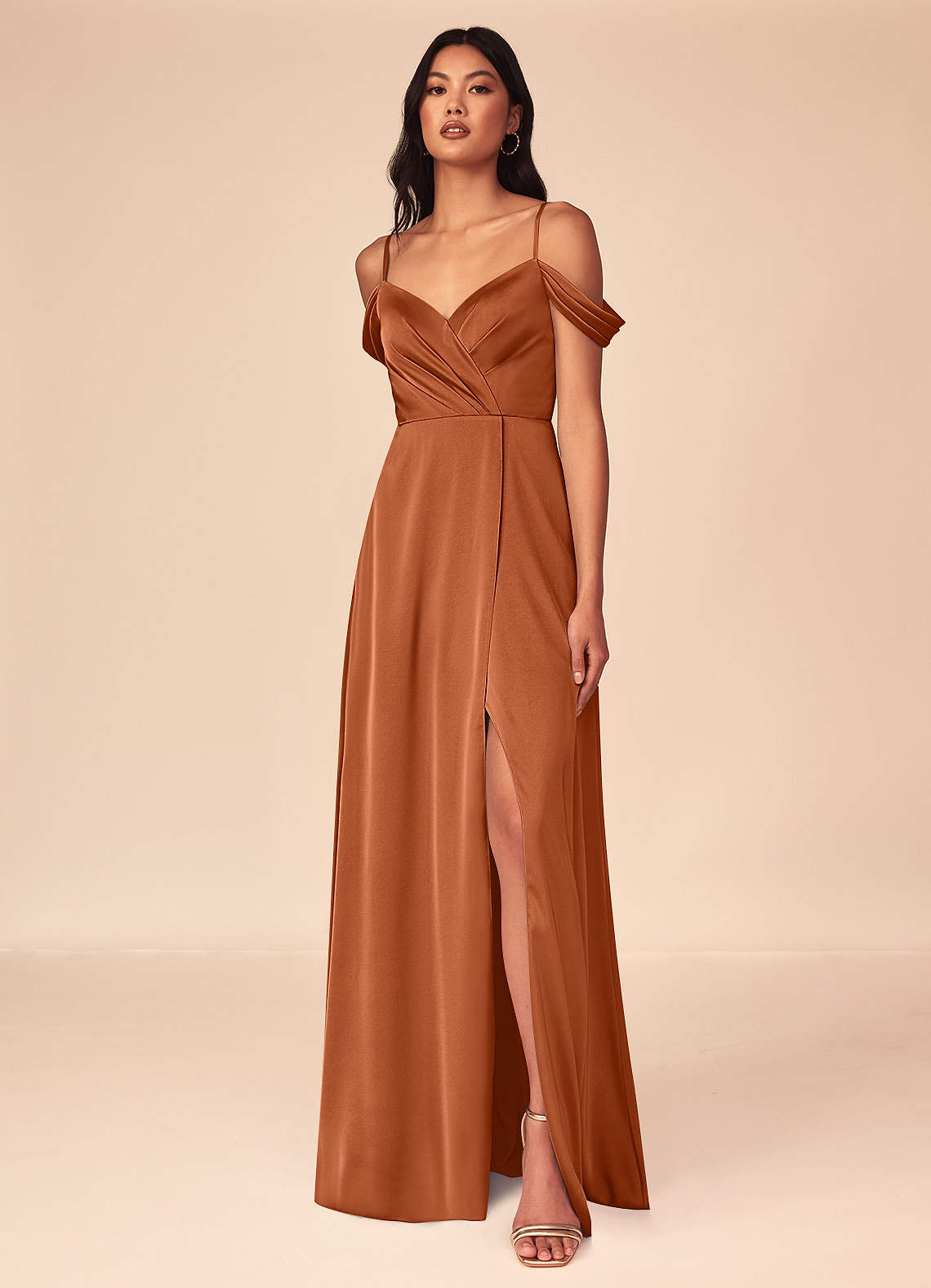 Azazie Ocean At-home Try On Dresses Rosette A-Line V-Neck Pleated Stretch Satin Dress image1