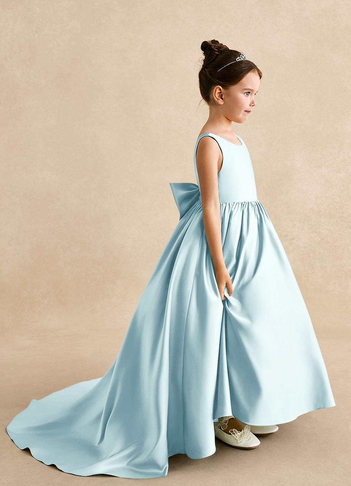 Azazie Mimia Flower Girl Dresses Sea Glass A-Line Bow Matte Satin Dress image1