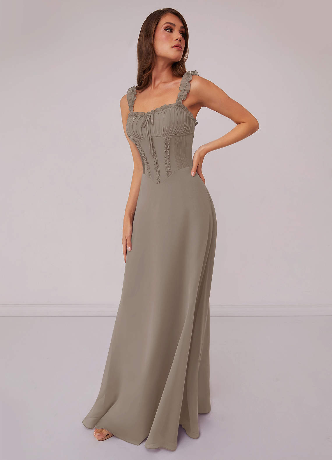 Barbie ♥ Azazie Brautjungfernkleider A-Linie Herzausschnitt Chiffon Kleid Taupe image1